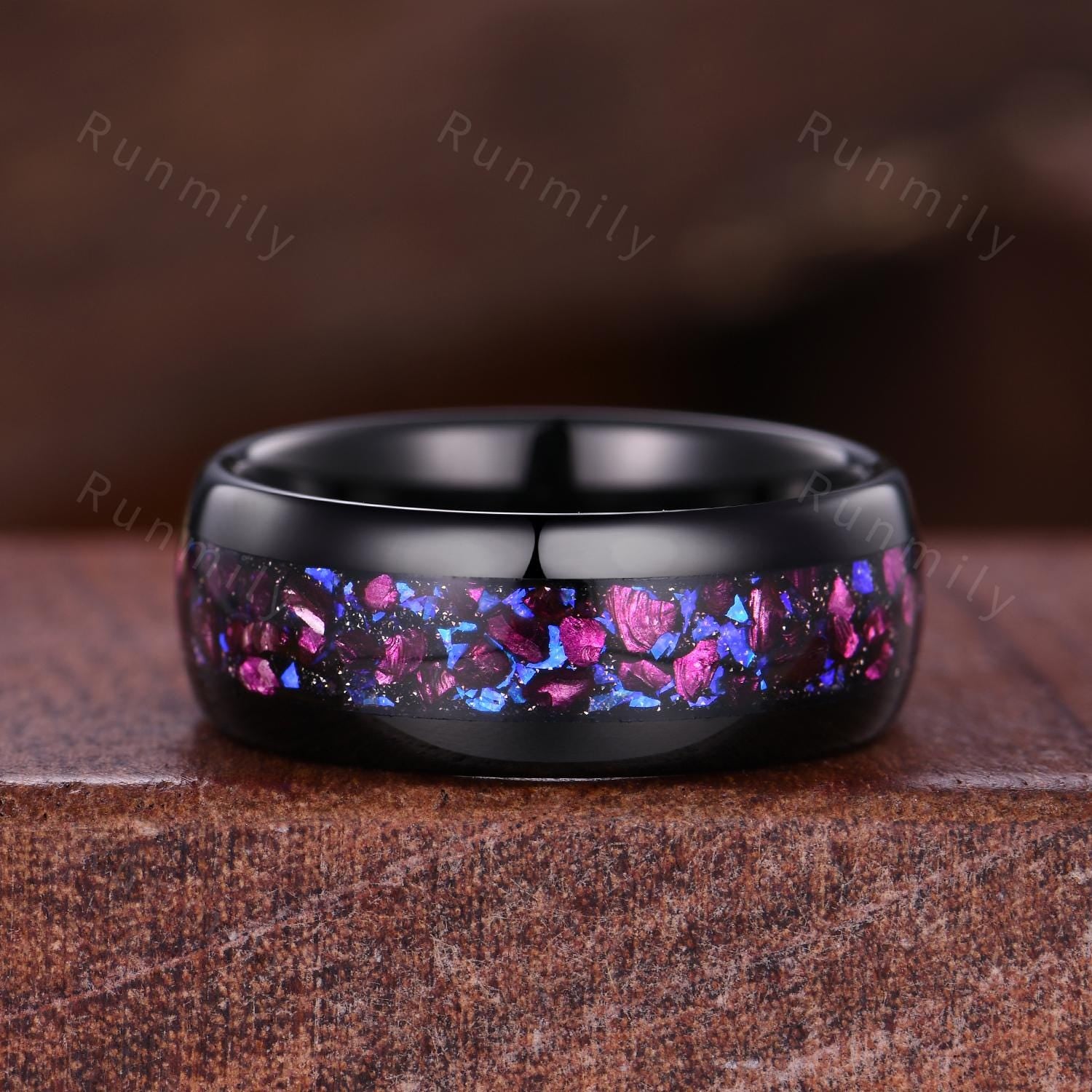Purple Crab Nebula Couples Ring Set Vintage Lavender Opal Ring Black Gold His and Her Wedding Band Mens Tungsten Ring Purple Ring for Couple