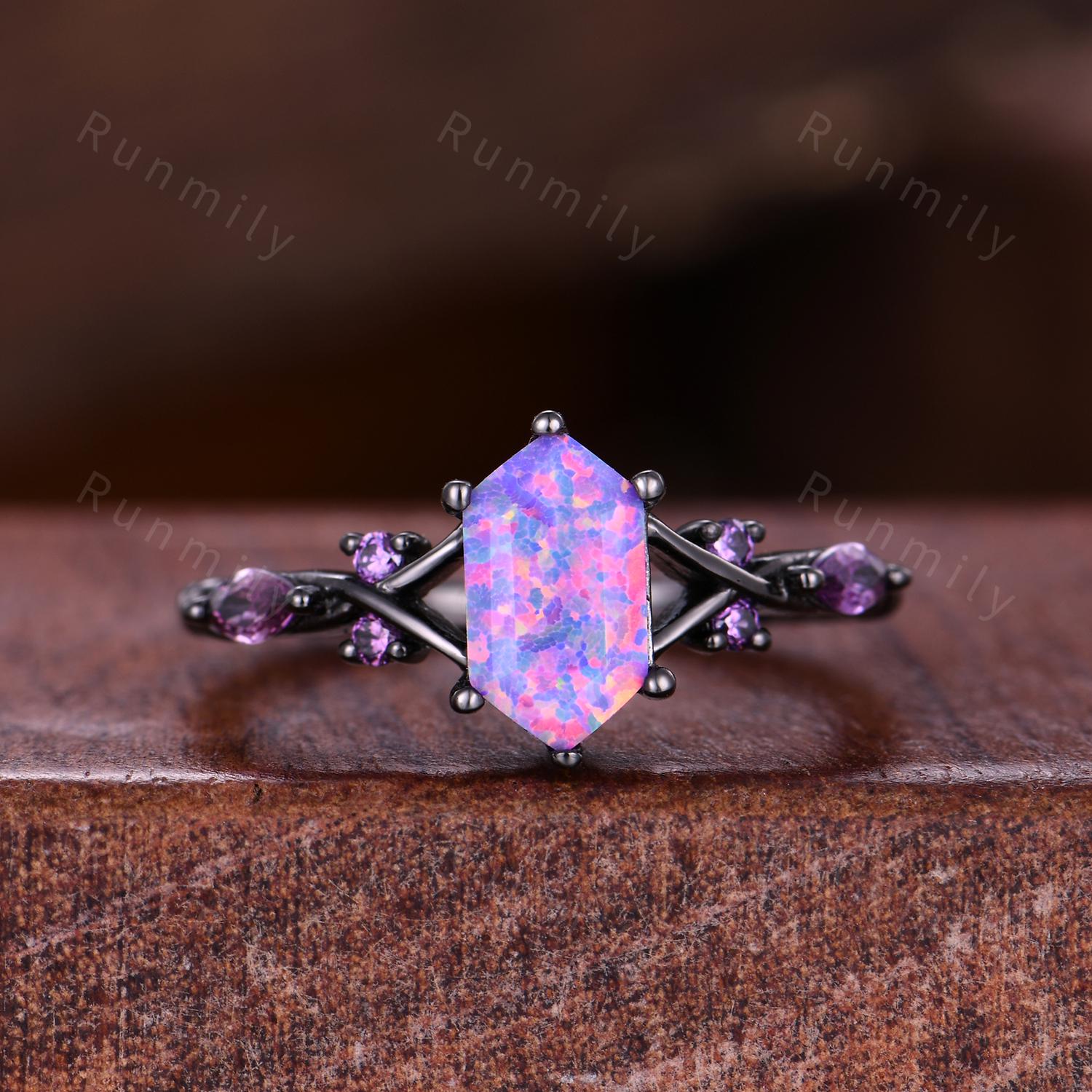 Purple Crab Nebula Couples Ring Set Vintage Lavender Opal Ring Black Gold His and Her Wedding Band Mens Tungsten Ring Purple Ring for Couple