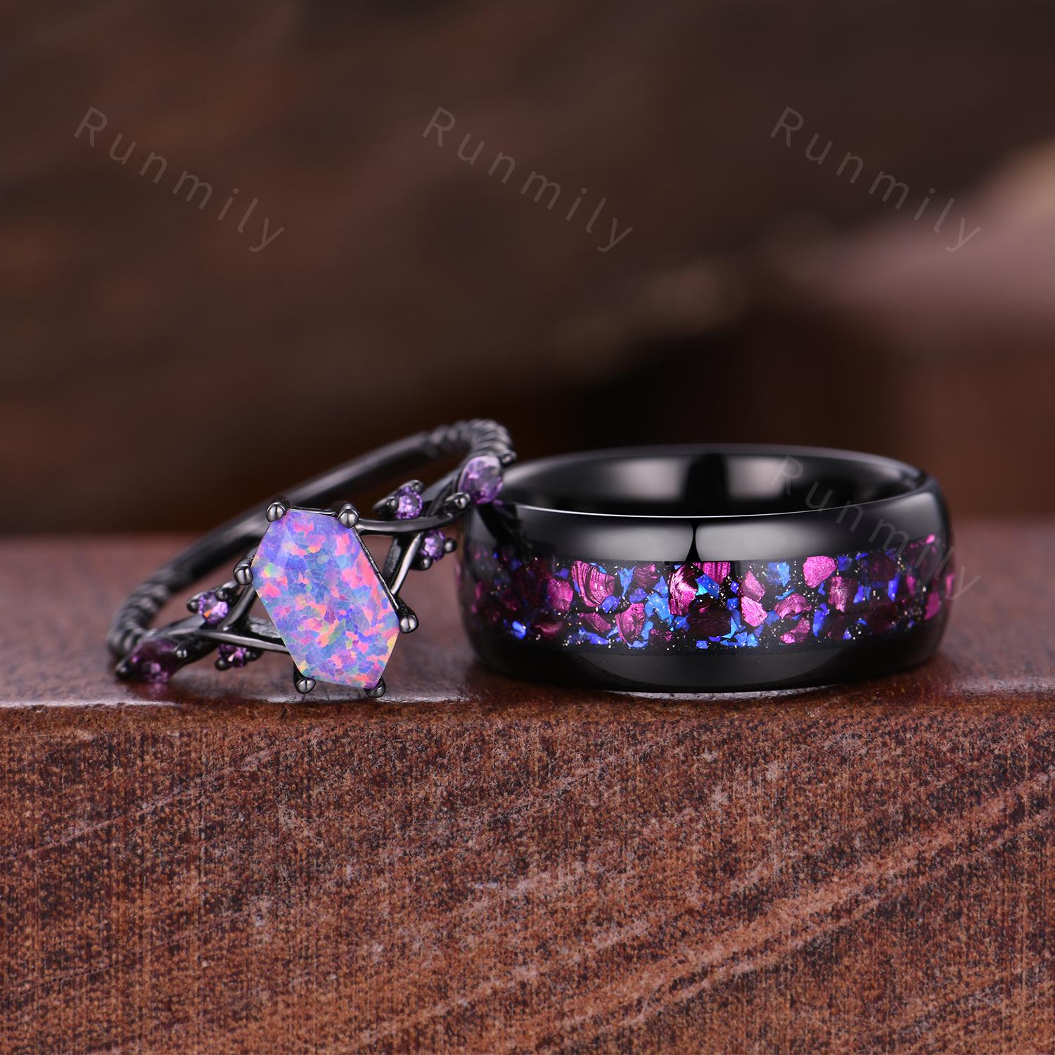 Purple Crab Nebula Couples Ring Set Vintage Lavender Opal Ring Black Gold His and Her Wedding Band Mens Tungsten Ring Purple Ring for Couple