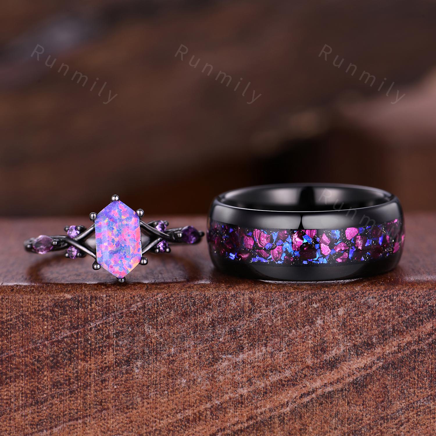 Purple Crab Nebula Couples Ring Set Vintage Lavender Opal Ring Black Gold His and Her Wedding Band Mens Tungsten Ring Purple Ring for Couple