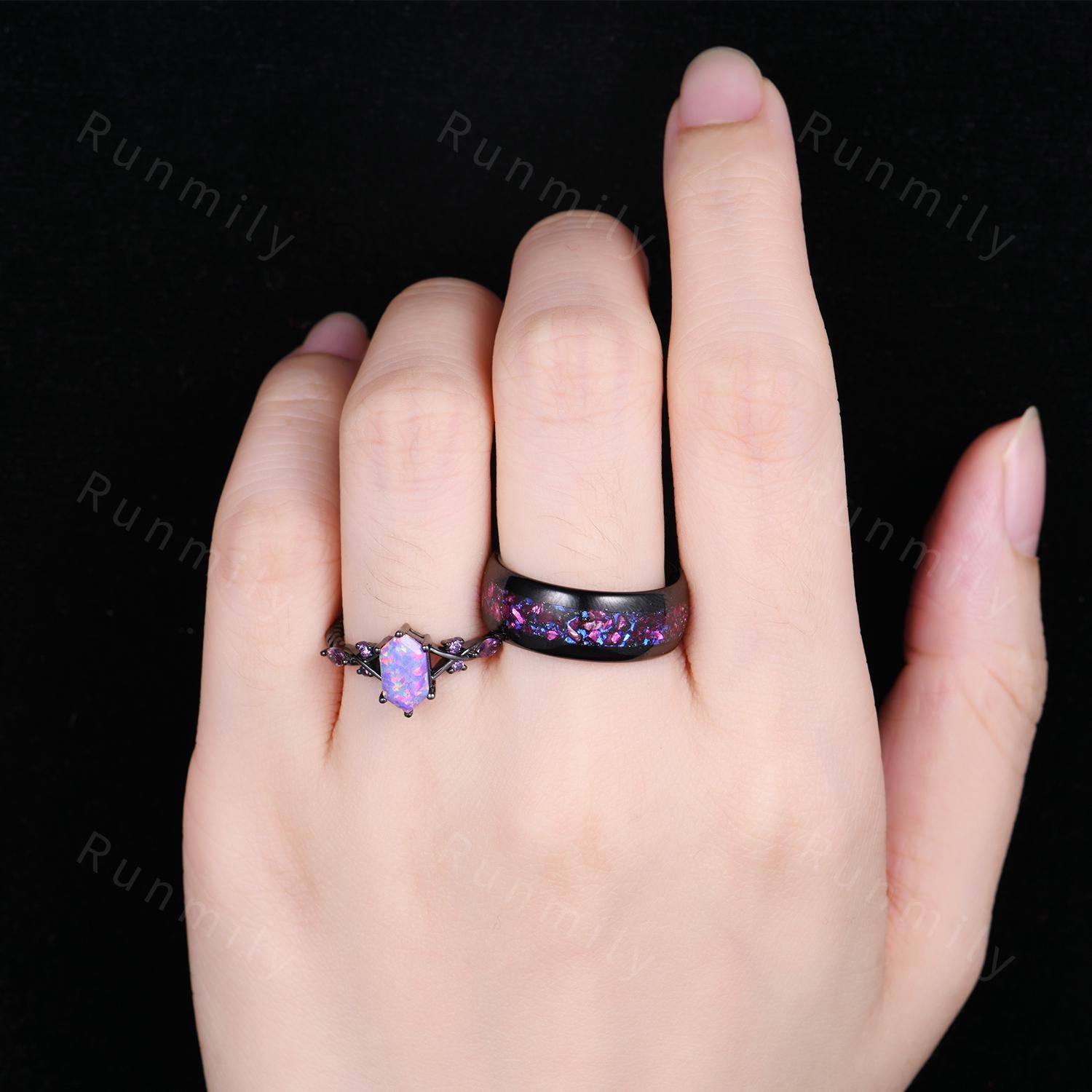 Purple Crab Nebula Couples Ring Set Vintage Lavender Opal Ring Black Gold His and Her Wedding Band Mens Tungsten Ring Purple Ring for Couple
