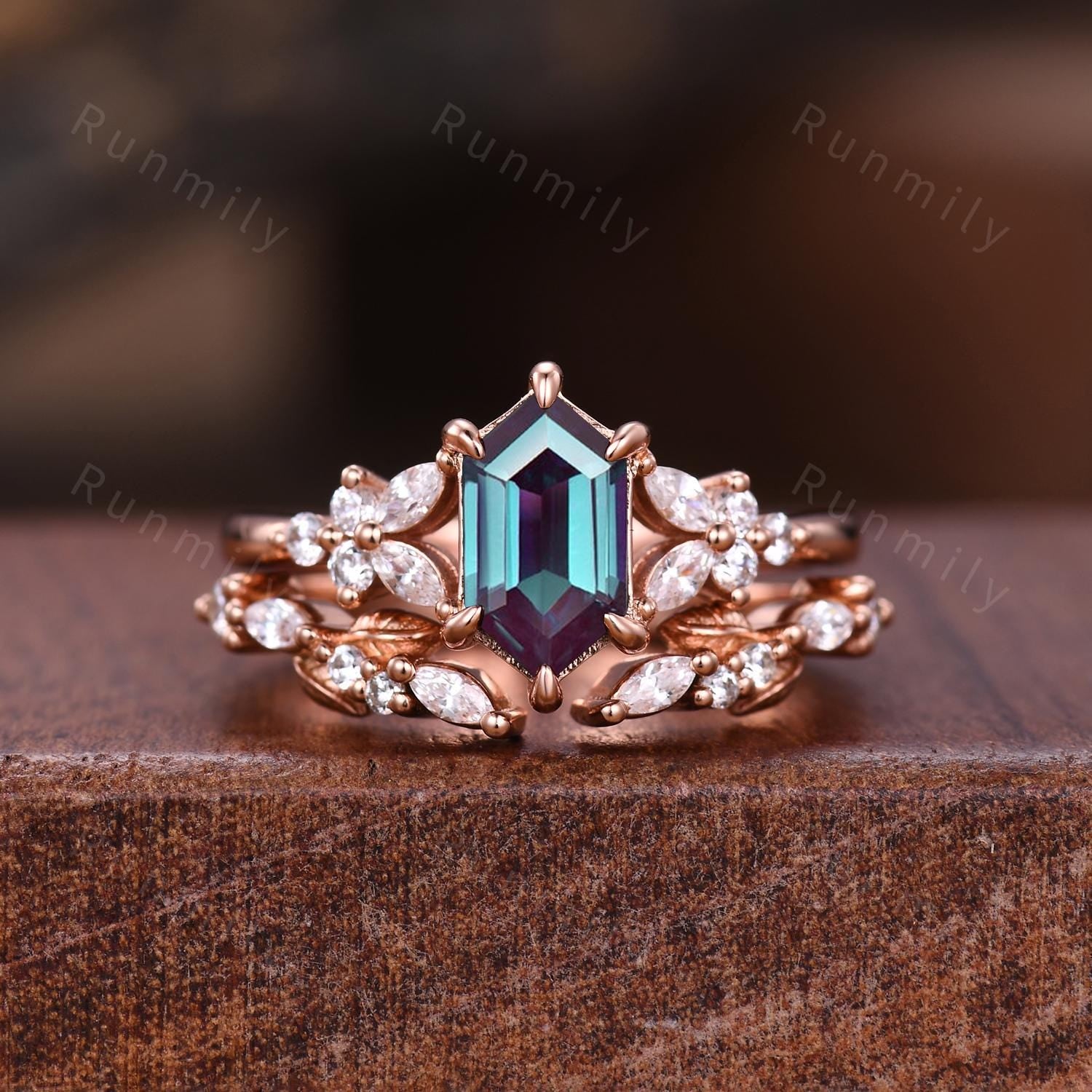 Hexagon cut Alexandrite Engagement ring set Vintage open gap wedding band Rose gold Cluster shank leaf Bridal set Anniversary ring gift