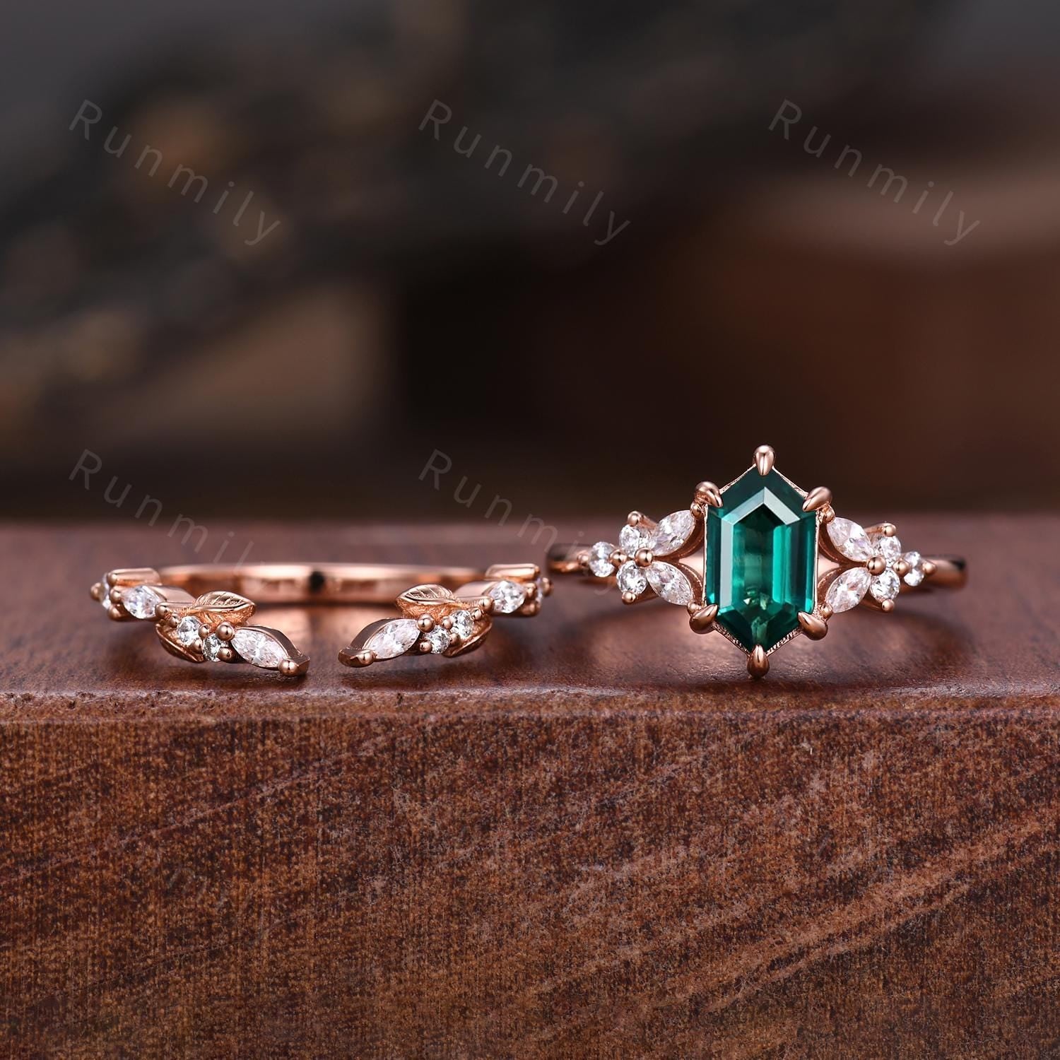 Vintage Emerald Engagement Ring Set Unique Open Gap Diamond Wedding Band Rose Gold Cluster Shank Leaf Bridal Set Anniversary Ring Gift