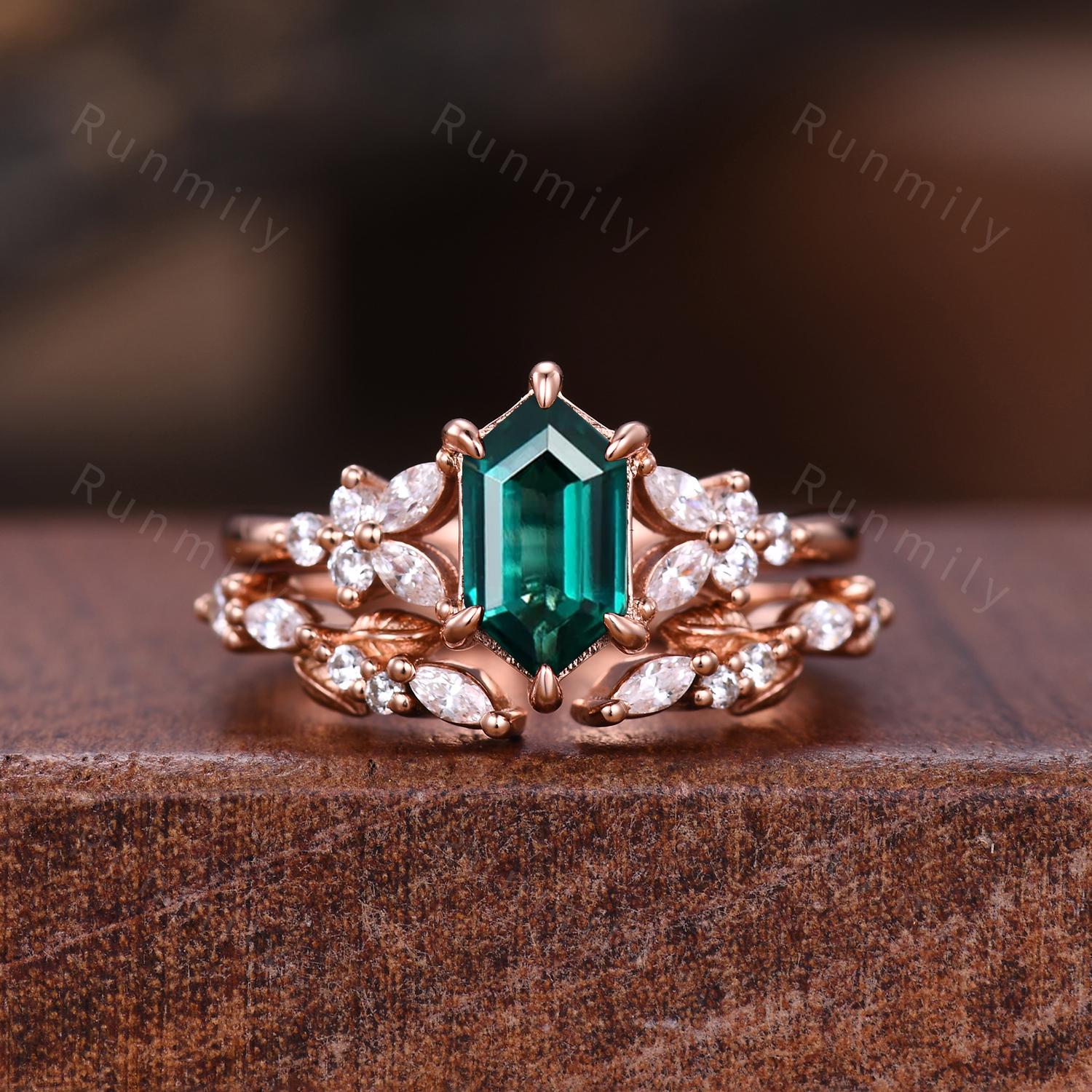Vintage Emerald Engagement Ring Set Unique Open Gap Diamond Wedding Band Rose Gold Cluster Shank Leaf Bridal Set Anniversary Ring Gift