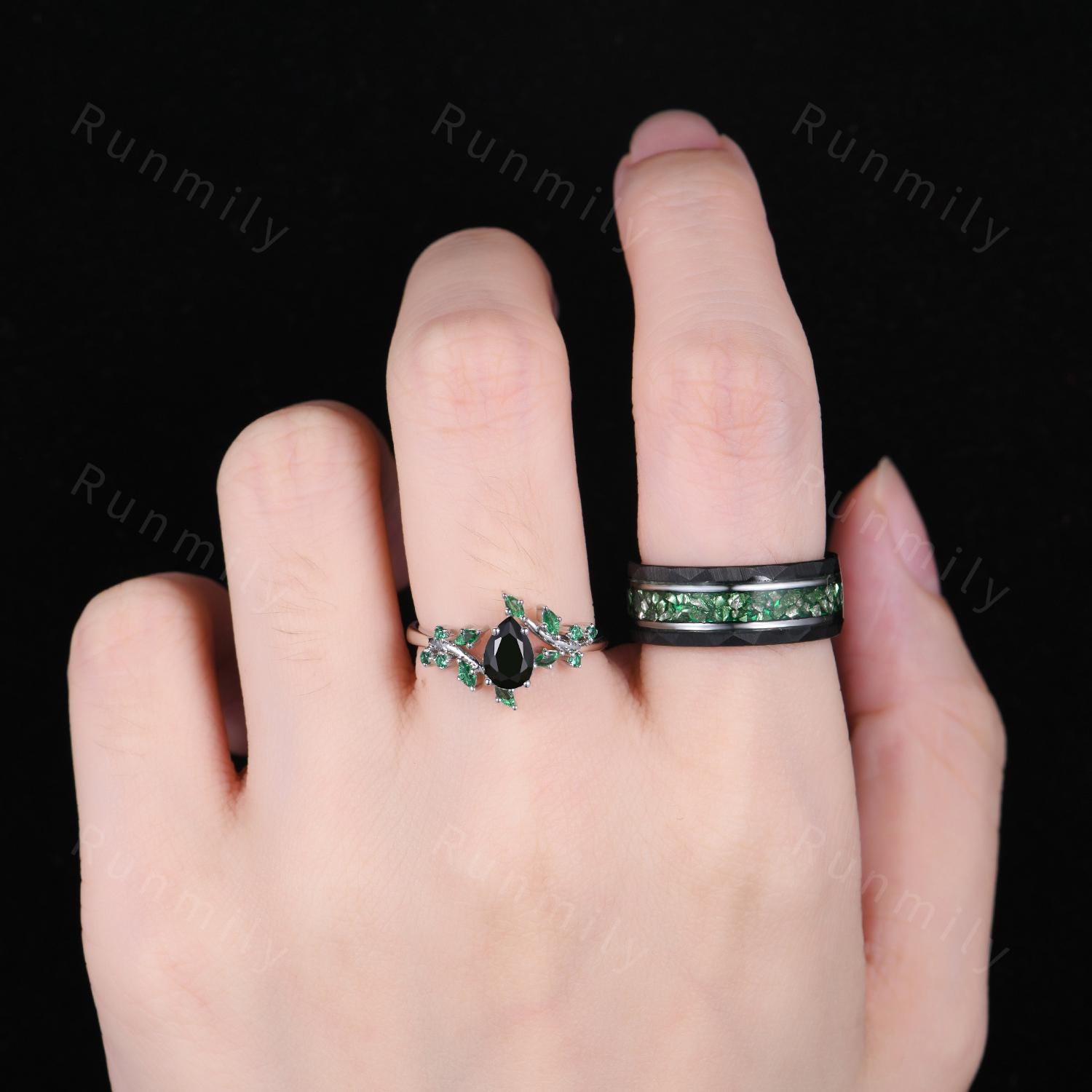 Delicate Black Onyx Emerald Couple Ring Vintage His and Hers Wedding Band Men's Emerald Tungsten Ring Promise Ring For Men and Women Gift