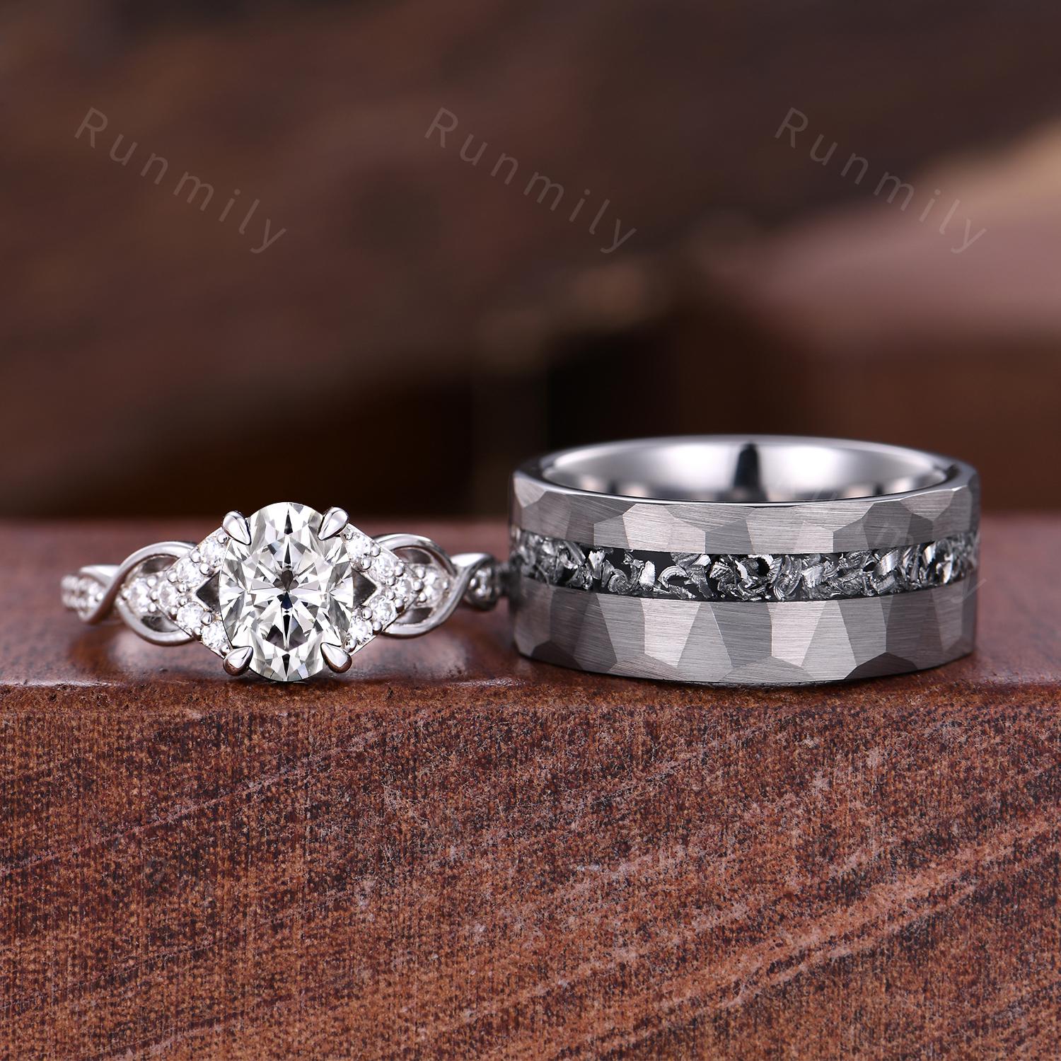 Oval cut Moissanite couple ring, vintage His and Hers wedding band, Mens silver tungsten ring, Moissanite jewelry for couple, promise rings