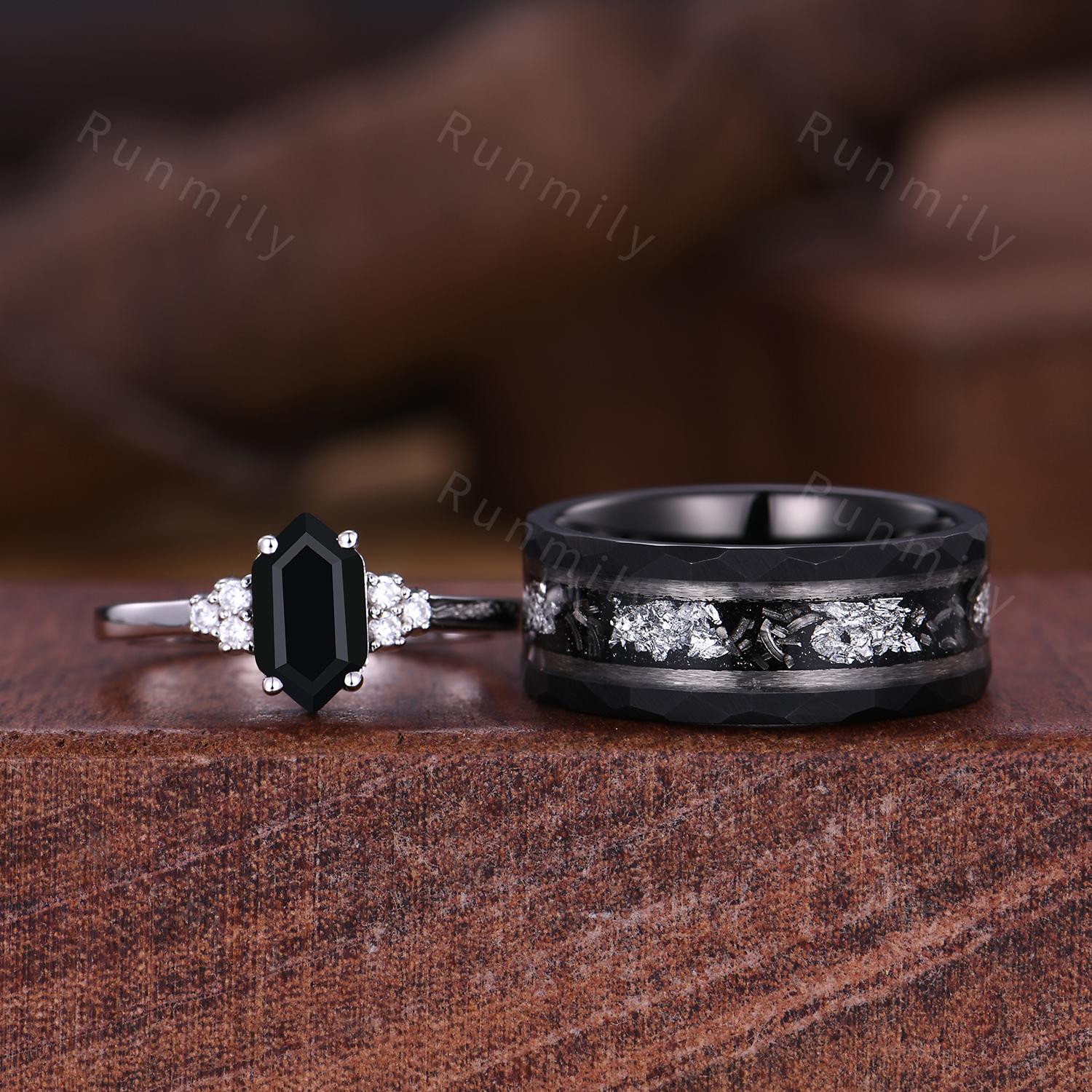 Delicate Black Onyx Couples Ring Hexagon cut Black Gem Engagement Ring His and Hers Wedding Band Mens Tungsten Ring Unique Anniversary Gift