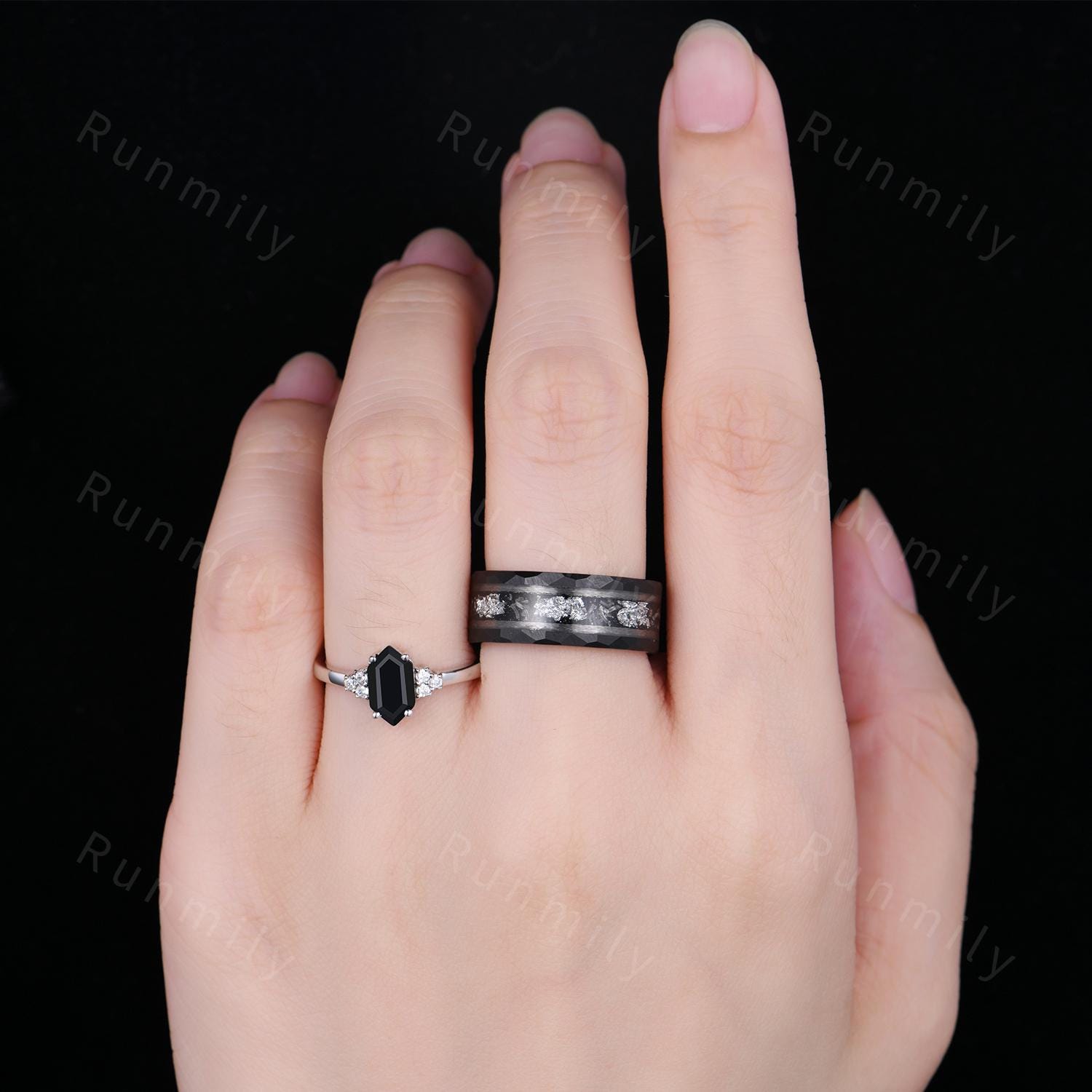 Delicate Black Onyx Couples Ring Hexagon cut Black Gem Engagement Ring His and Hers Wedding Band Mens Tungsten Ring Unique Anniversary Gift