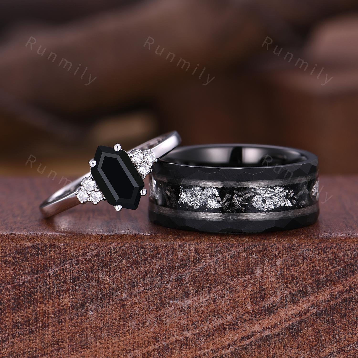 Delicate Black Onyx Couples Ring Hexagon cut Black Gem Engagement Ring His and Hers Wedding Band Mens Tungsten Ring Unique Anniversary Gift
