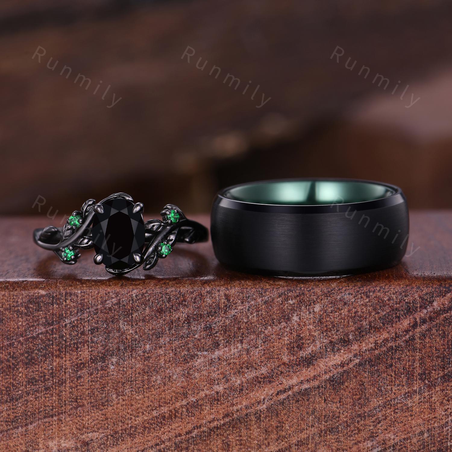 Oval cut Black Onyx Couples Ring Set Twig Leaf Ring Black Gold His and Hers Wedding Band Women Nature Inspired Ring Green and Black Rings