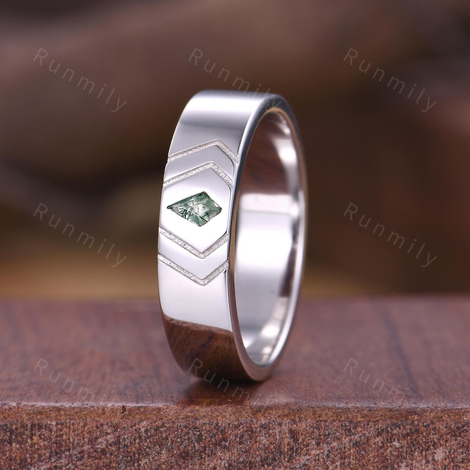 Kite cut Moss Agate Wedding Band Vintage Silver Mens Wedding Band 5mm Green Agate Men's Ring Unique Mens Engagement Ring Band For Husband