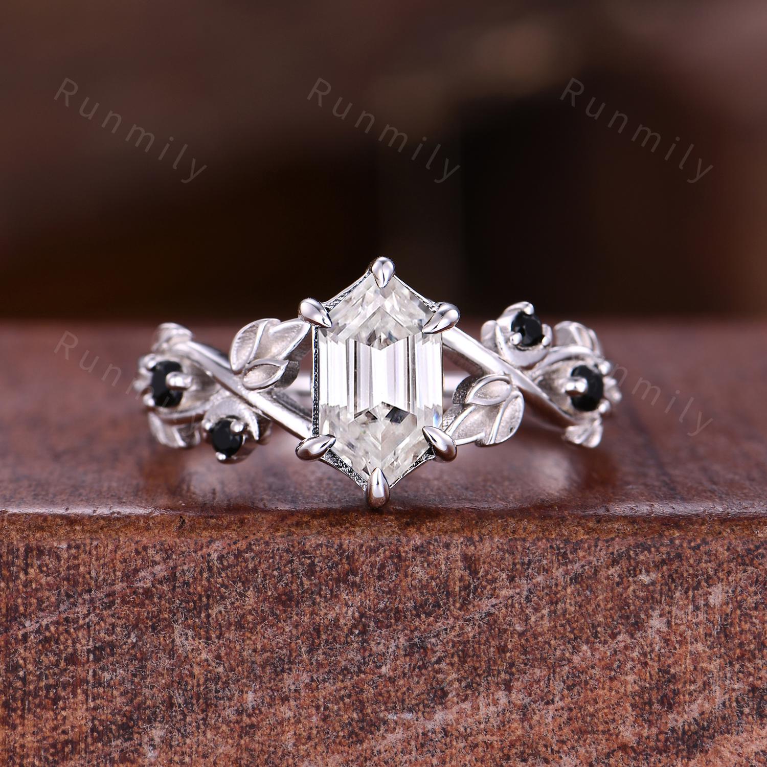 Antique Moissanite Couples Ring Hexagon cut Moissanite Engagement Ring His and Hers Wedding Band Mens Tungsten Ring Twisted Leaf Ring