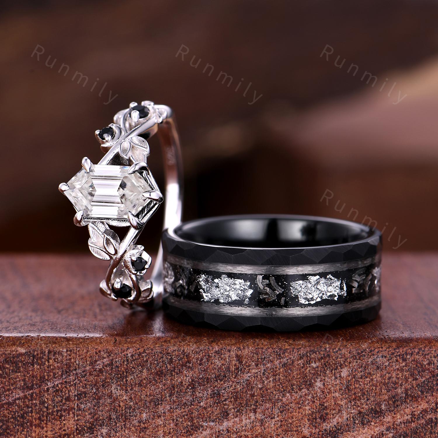 Antique Moissanite Couples Ring Hexagon cut Moissanite Engagement Ring His and Hers Wedding Band Mens Tungsten Ring Twisted Leaf Ring