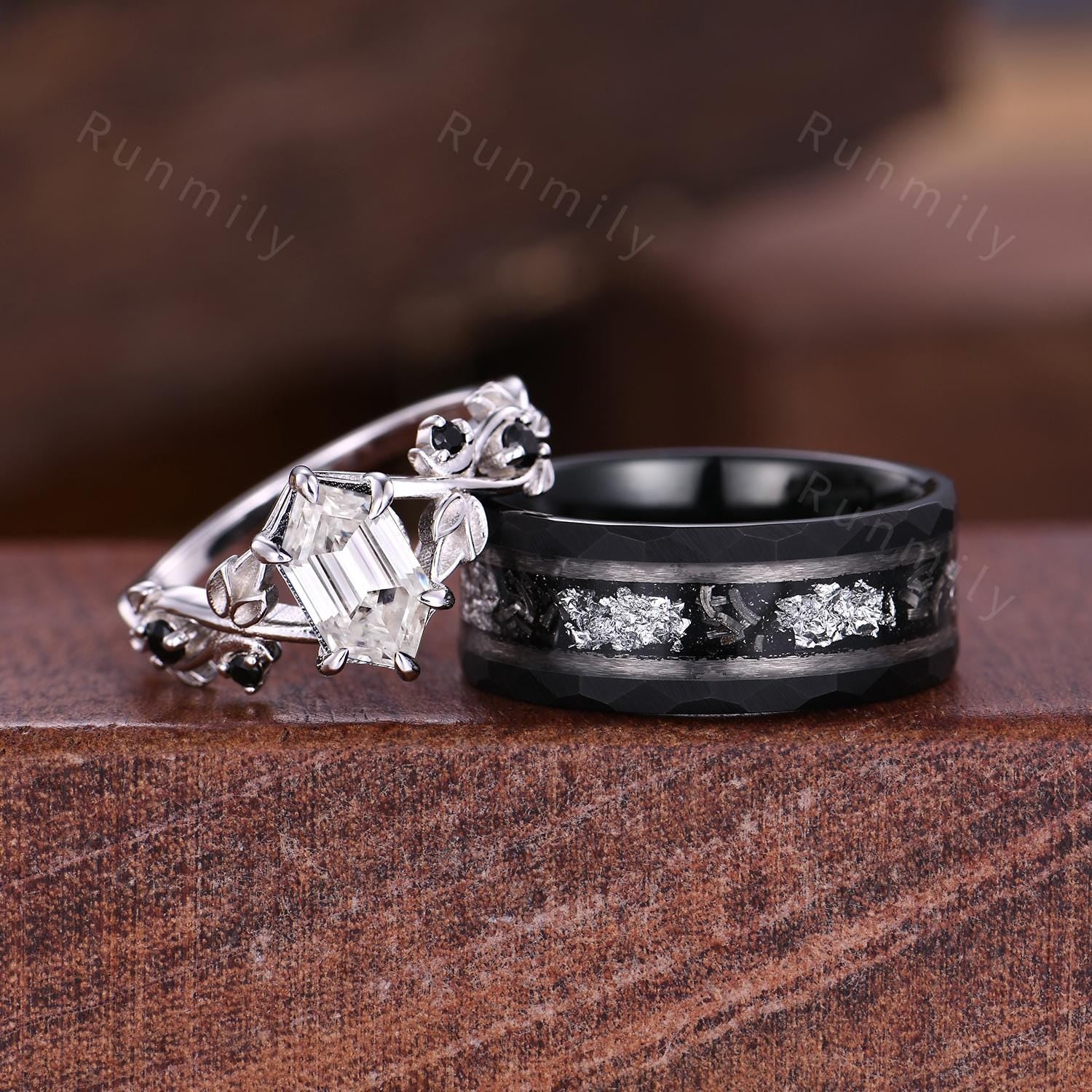 Antique Moissanite Couples Ring Hexagon cut Moissanite Engagement Ring His and Hers Wedding Band Mens Tungsten Ring Twisted Leaf Ring