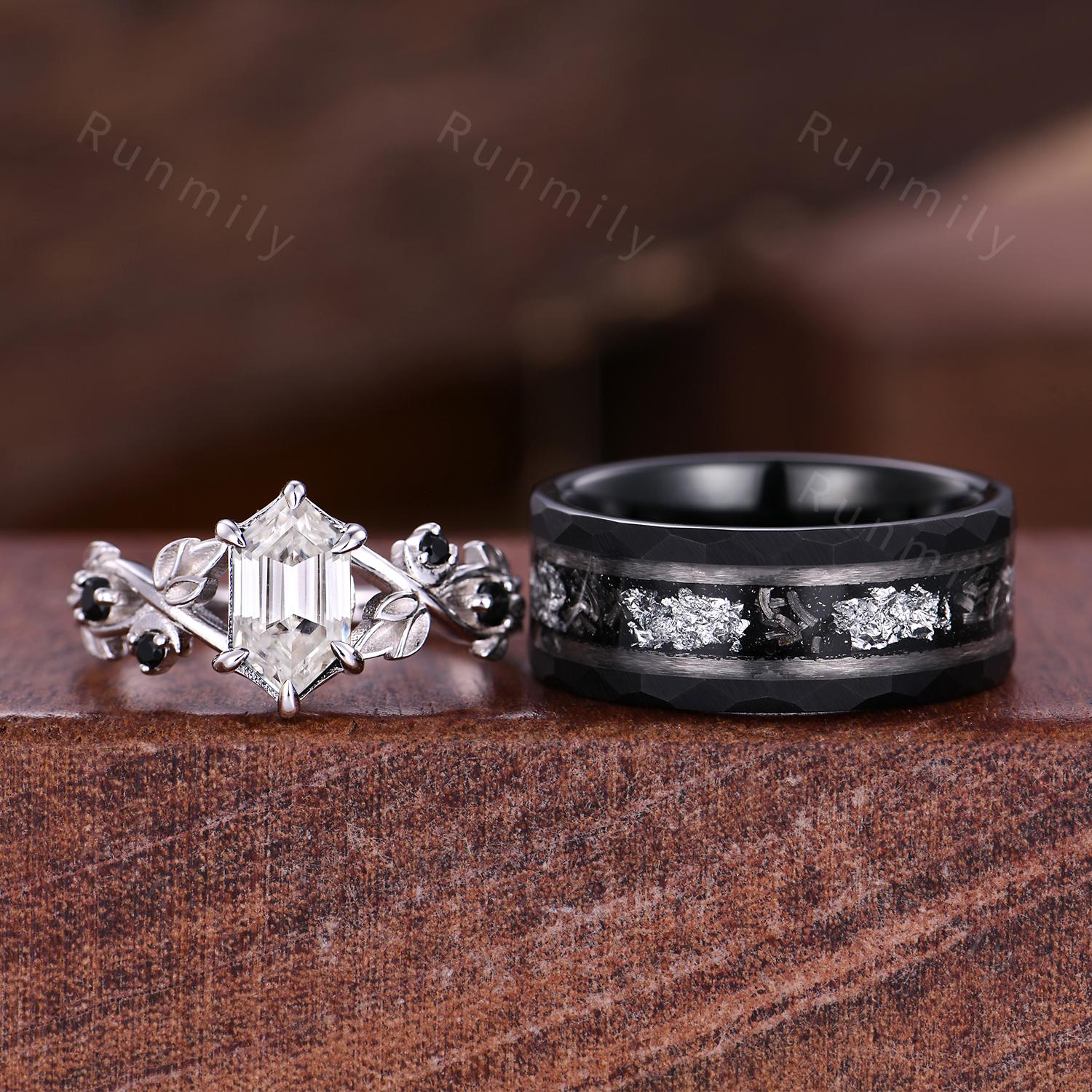 Antique Moissanite Couples Ring Hexagon cut Moissanite Engagement Ring His and Hers Wedding Band Mens Tungsten Ring Twisted Leaf Ring