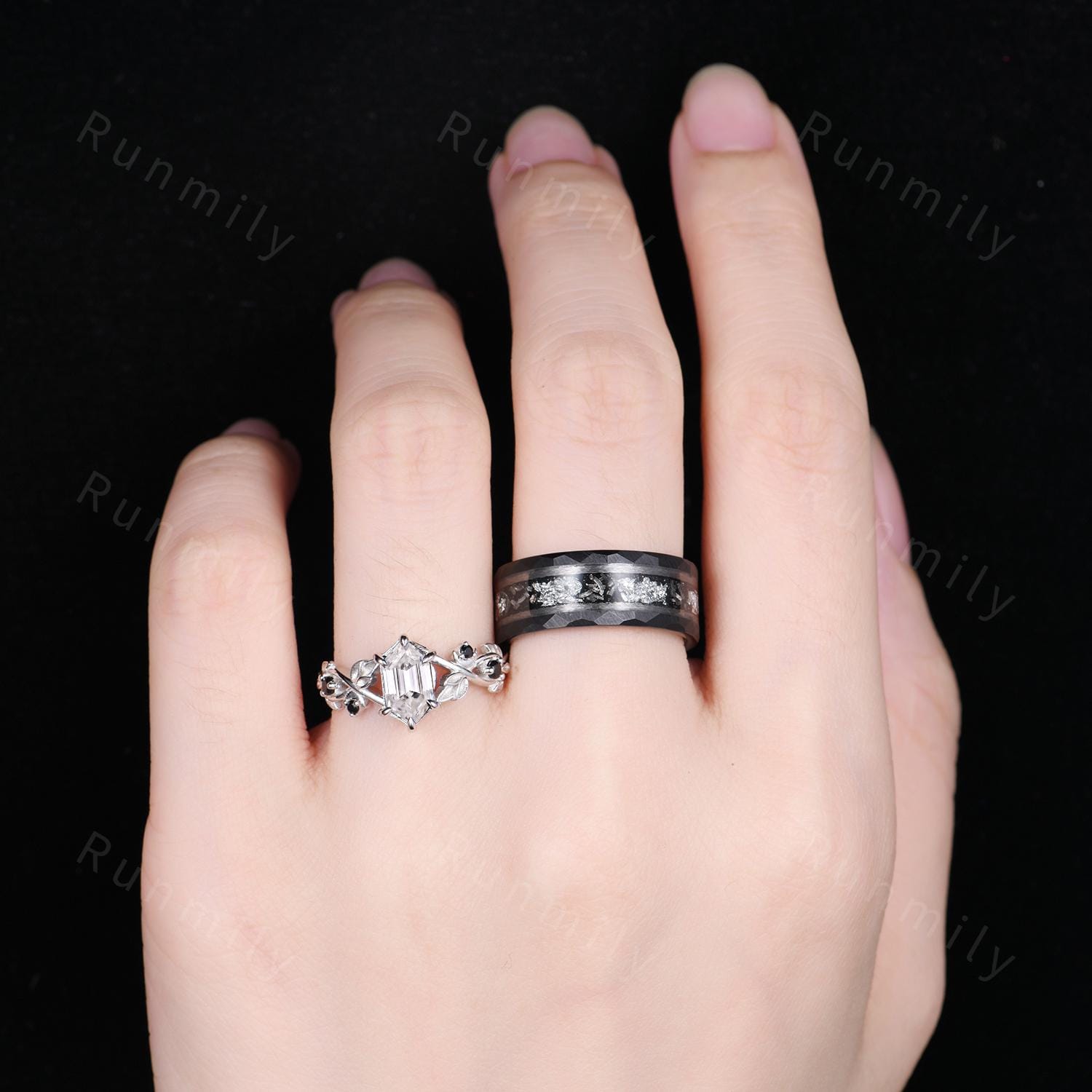 Antique Moissanite Couples Ring Hexagon cut Moissanite Engagement Ring His and Hers Wedding Band Mens Tungsten Ring Twisted Leaf Ring