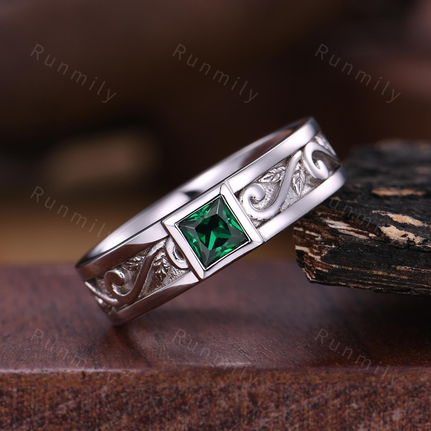 Men's Emerald Wedding Band White Gold Princess Cut Wedding Ring Emerald Engagement Ring Vintage Wave Leaf Ring Mens Stacking Ring His Ring
