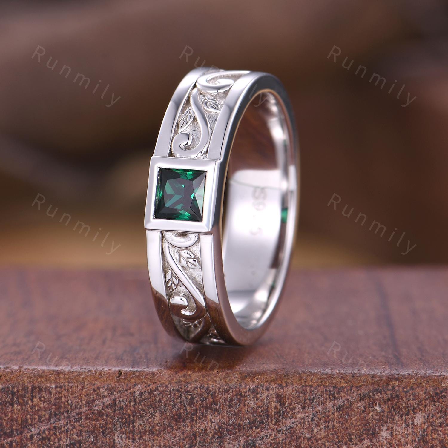 Men's Emerald Wedding Band White Gold Princess Cut Wedding Ring Emerald Engagement Ring Vintage Wave Leaf Ring Mens Stacking Ring His Ring