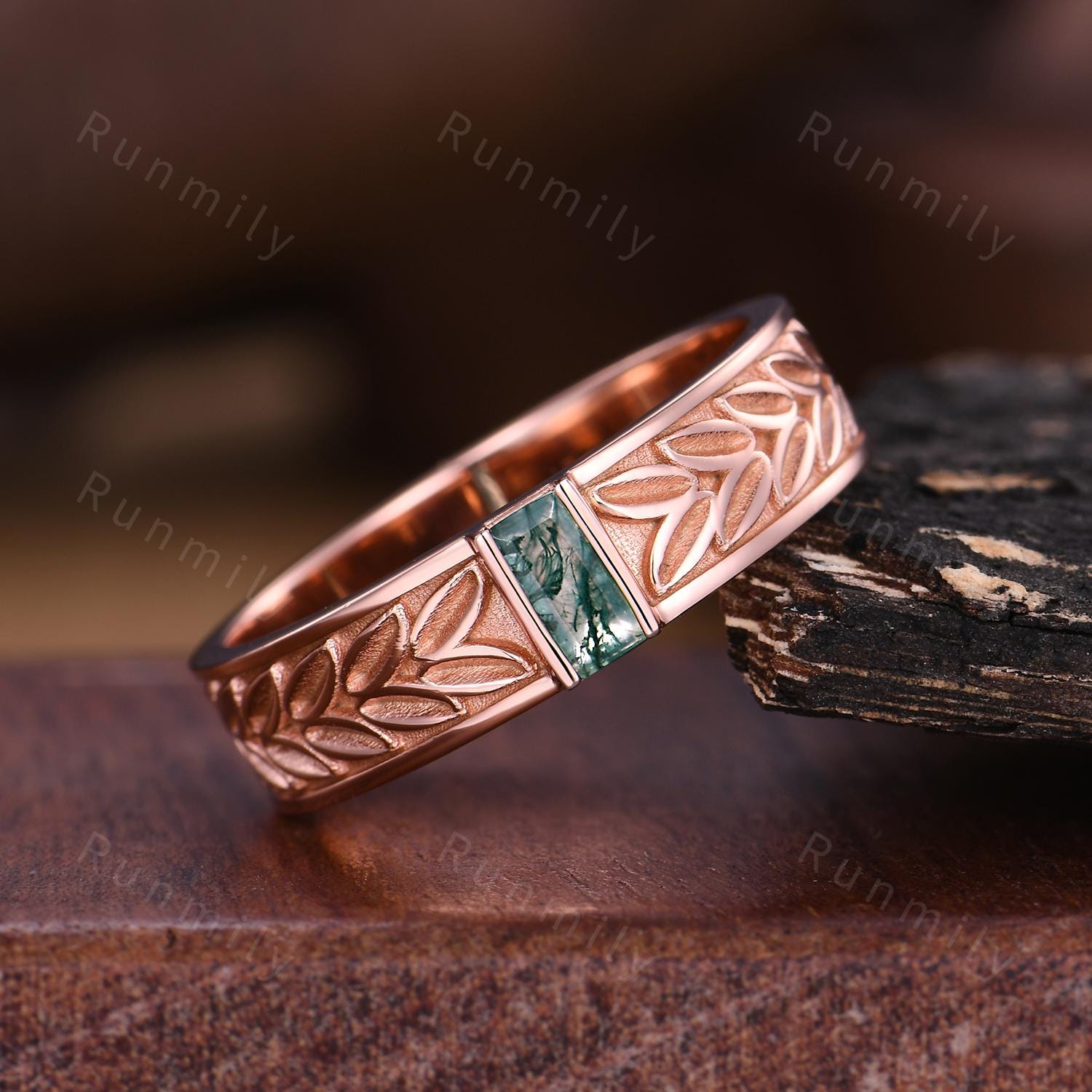 Baguette cut Moss Agate Wedding Band 5mm Mens Wedding Band Natural Green Agate Ring His Engagement Ring Band Leaf Style Ring Stacking Band