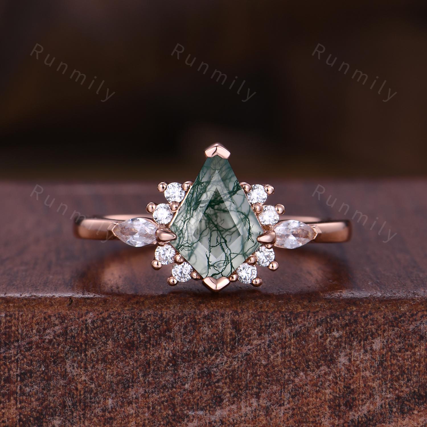 Vintage Moss Agate Couples Ring Rose Gold Matching Ring Set His and Hers Wedding Band Promise Ring For Men For Women Cluster Bridal Ring