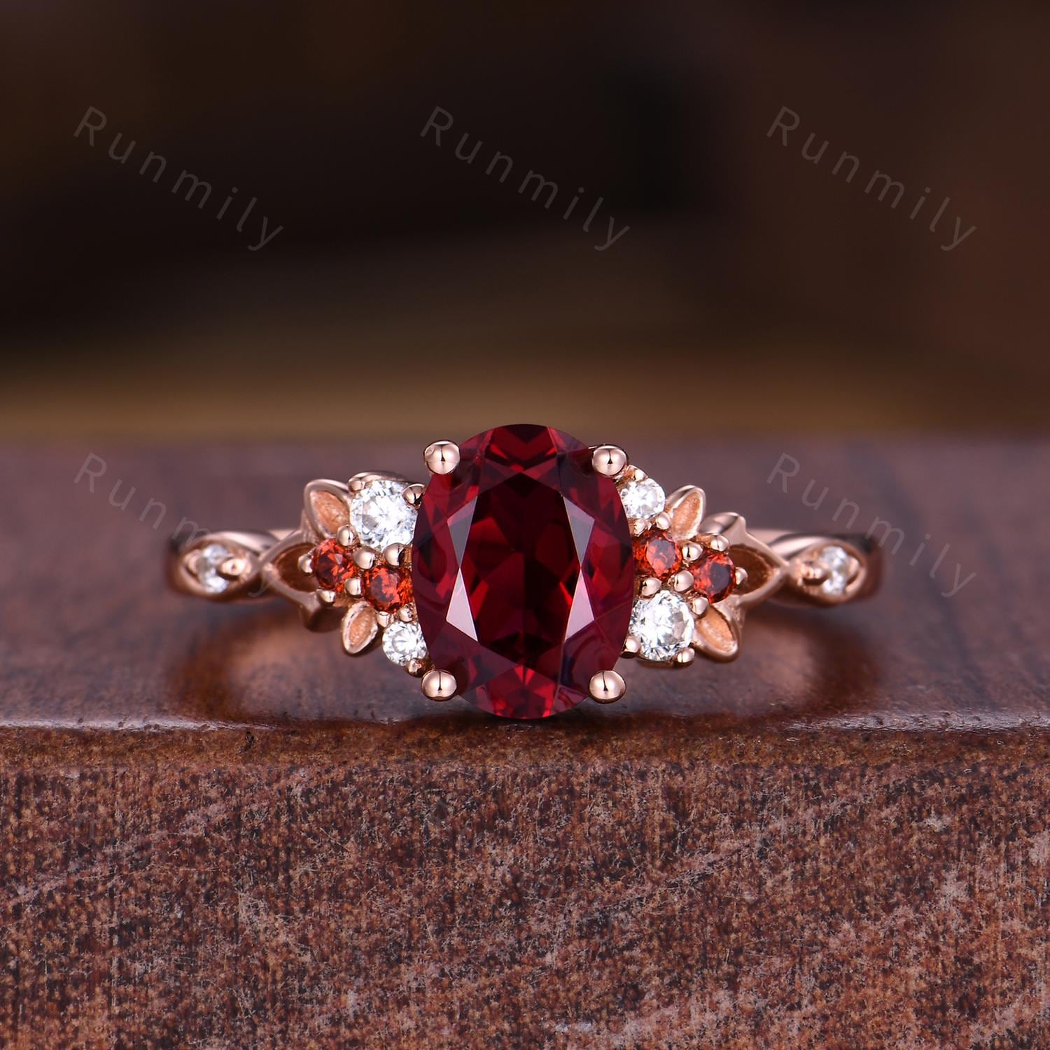 Oval Cut Ruby Engagement Ring Vintage Rose Gold Ring Art Deco Leaf Design Wedding Ring Garnet Cluster Ring Nature Inspired Ring Promise Ring