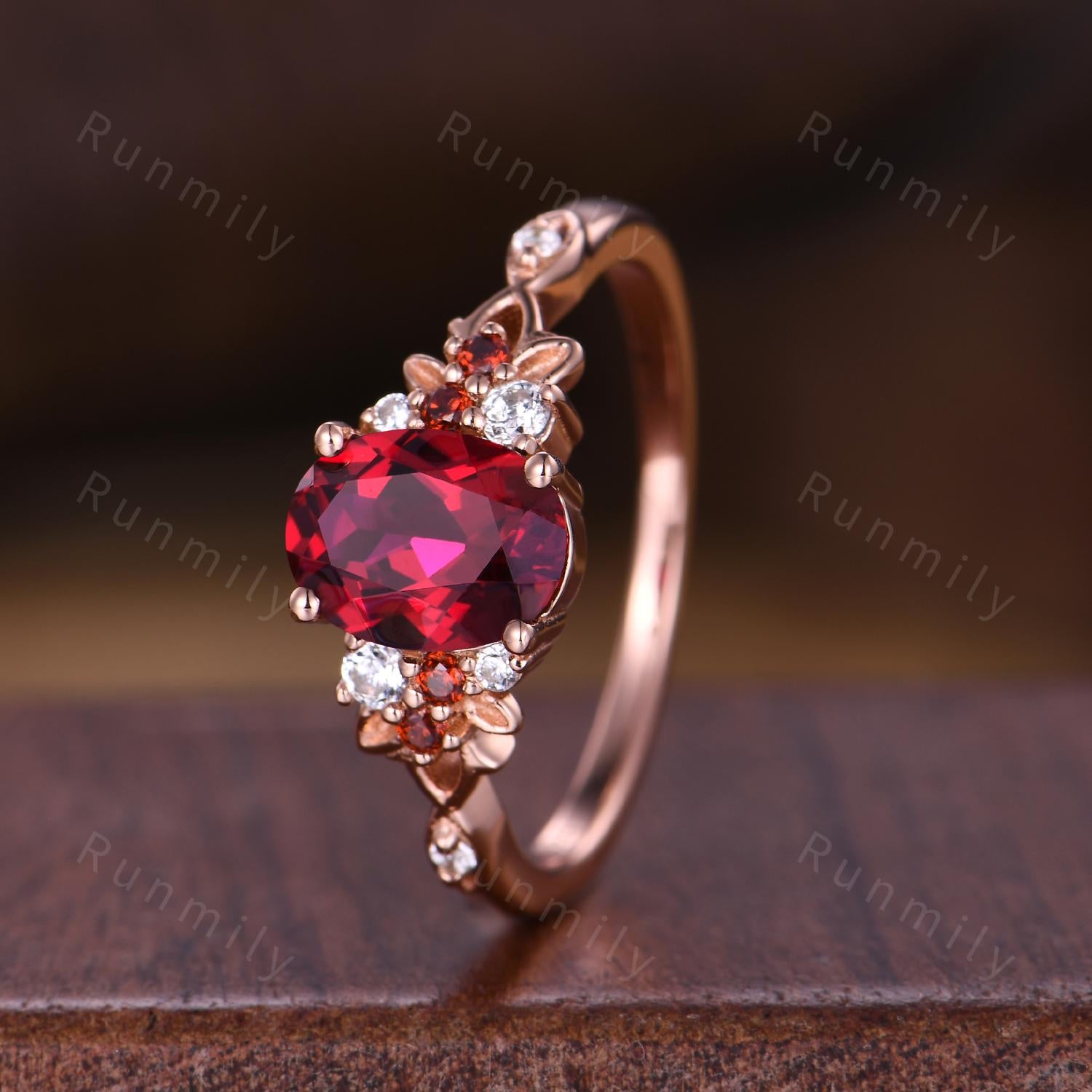 Oval Cut Ruby Engagement Ring Vintage Rose Gold Ring Art Deco Leaf Design Wedding Ring Garnet Cluster Ring Nature Inspired Ring Promise Ring
