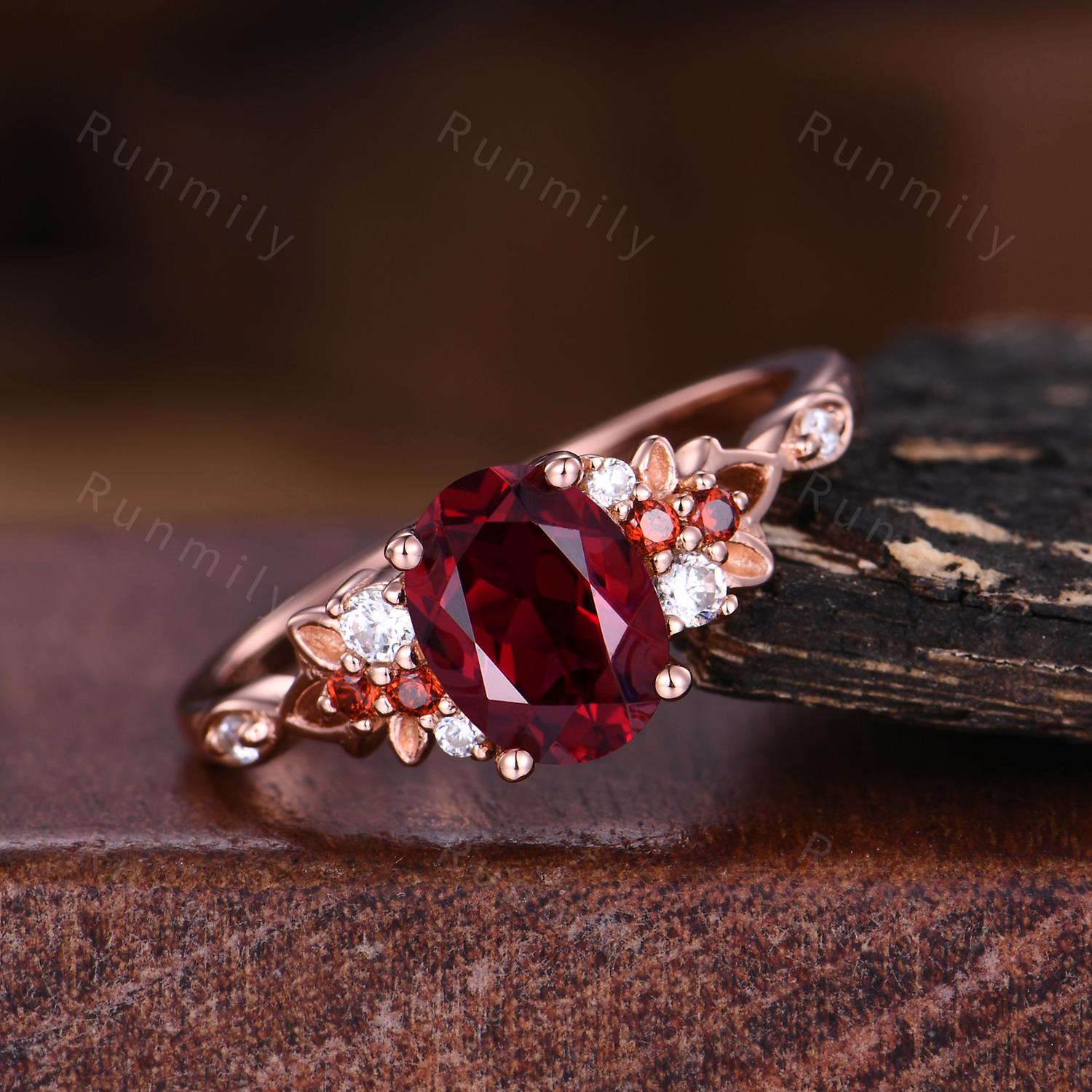 Oval Cut Ruby Engagement Ring Vintage Rose Gold Ring Art Deco Leaf Design Wedding Ring Garnet Cluster Ring Nature Inspired Ring Promise Ring