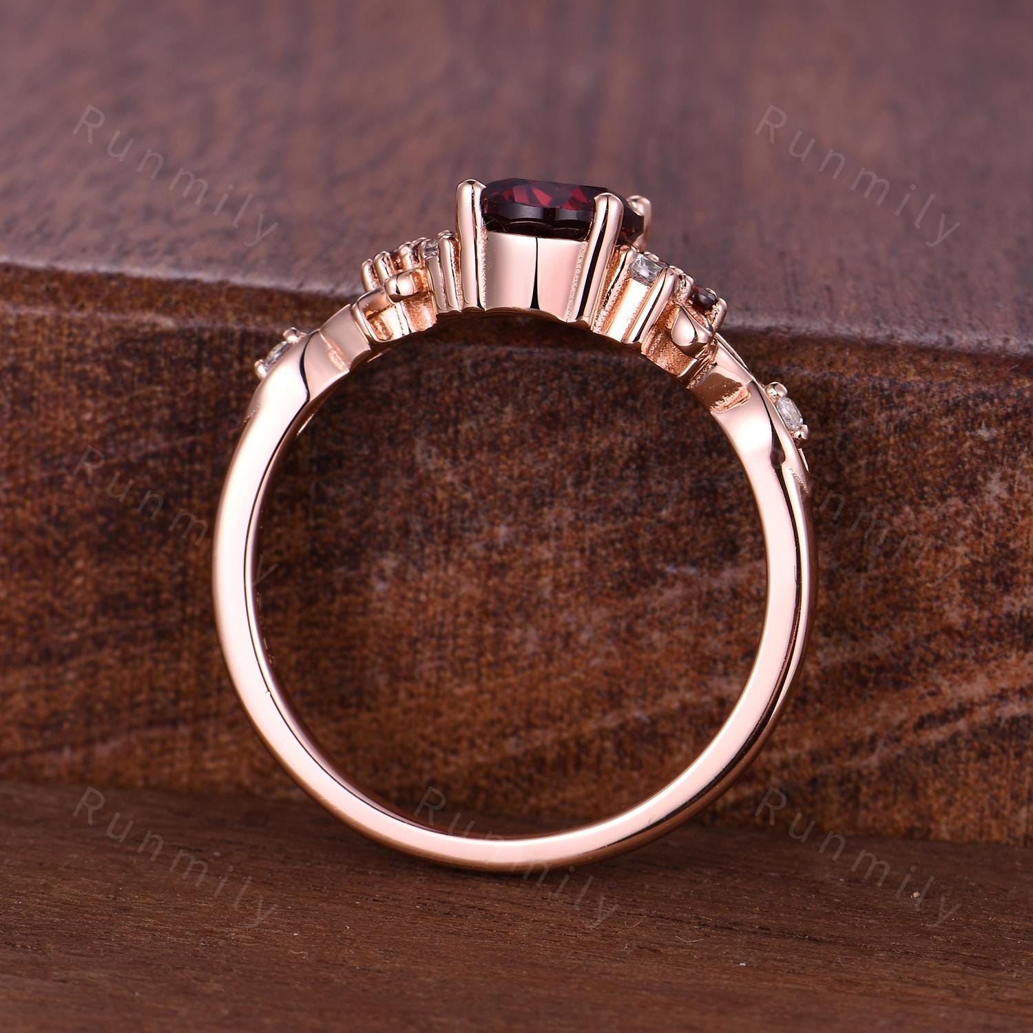 Oval Cut Ruby Engagement Ring Vintage Rose Gold Ring Art Deco Leaf Design Wedding Ring Garnet Cluster Ring Nature Inspired Ring Promise Ring