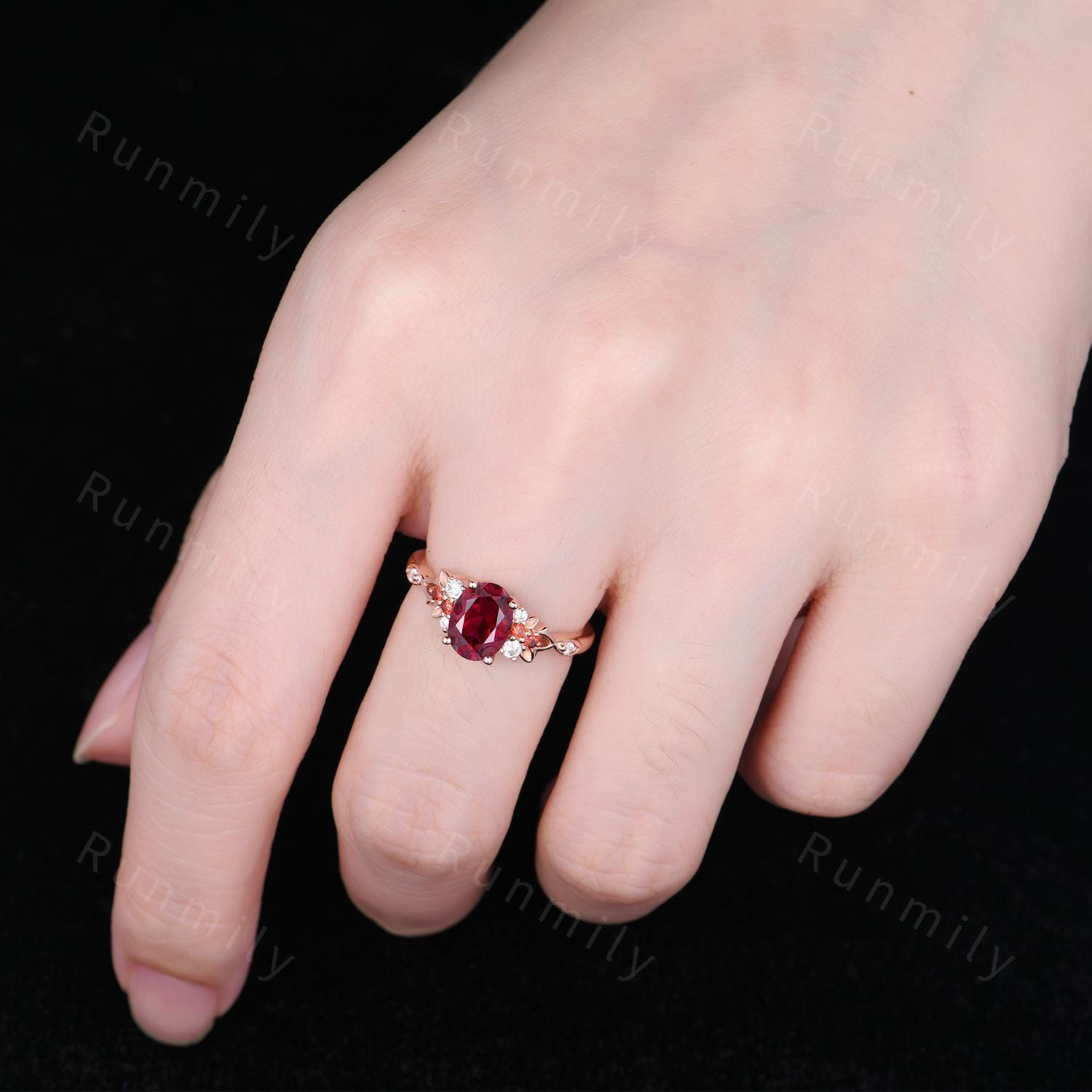 Oval Cut Ruby Engagement Ring Vintage Rose Gold Ring Art Deco Leaf Design Wedding Ring Garnet Cluster Ring Nature Inspired Ring Promise Ring