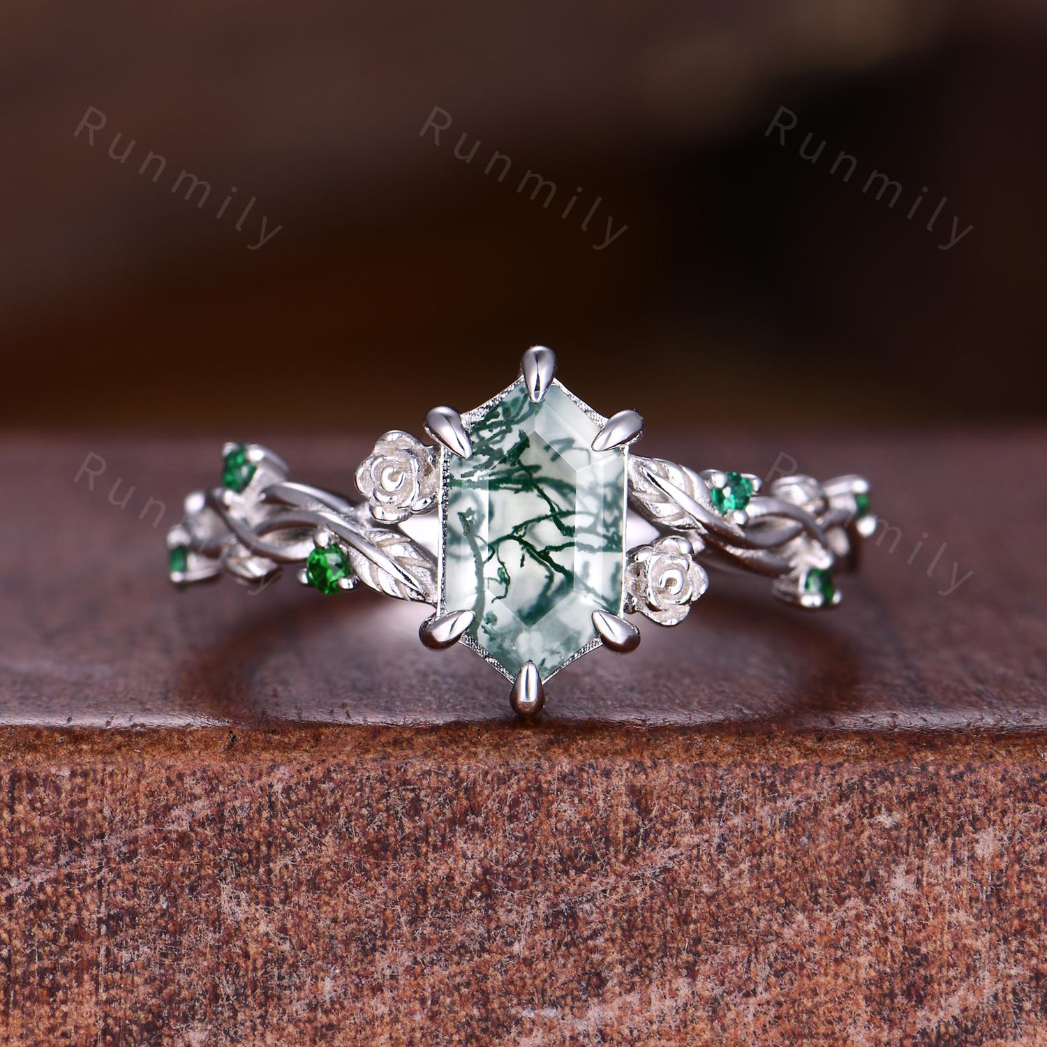 Hexagon cut Moss Agate Couples Ring Set Vintage Promise Ring For Men For Women Sterling Silver His and Hers Wedding Band Green Agate Rings