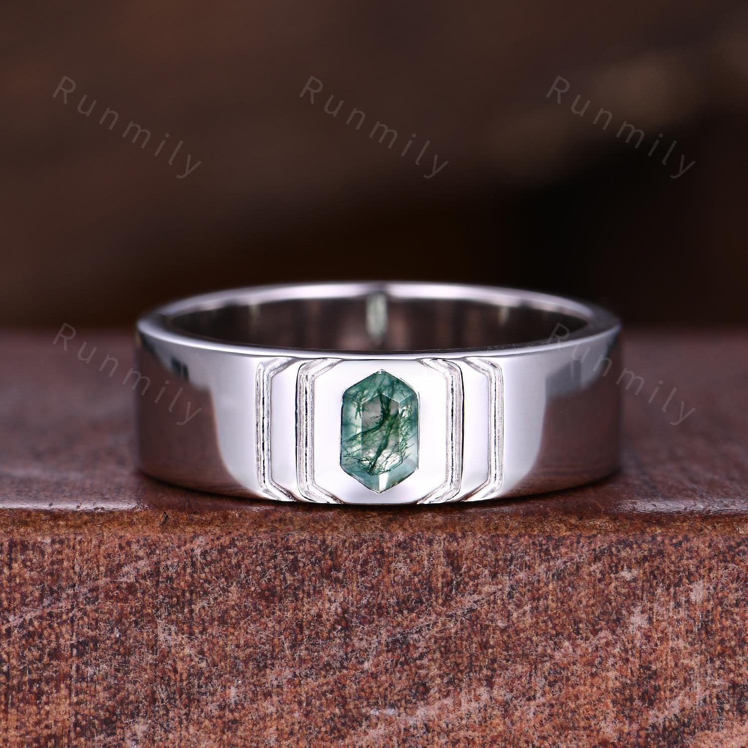Hexagon cut Moss Agate Couples Ring Set Vintage Promise Ring For Men For Women Sterling Silver His and Hers Wedding Band Green Agate Rings