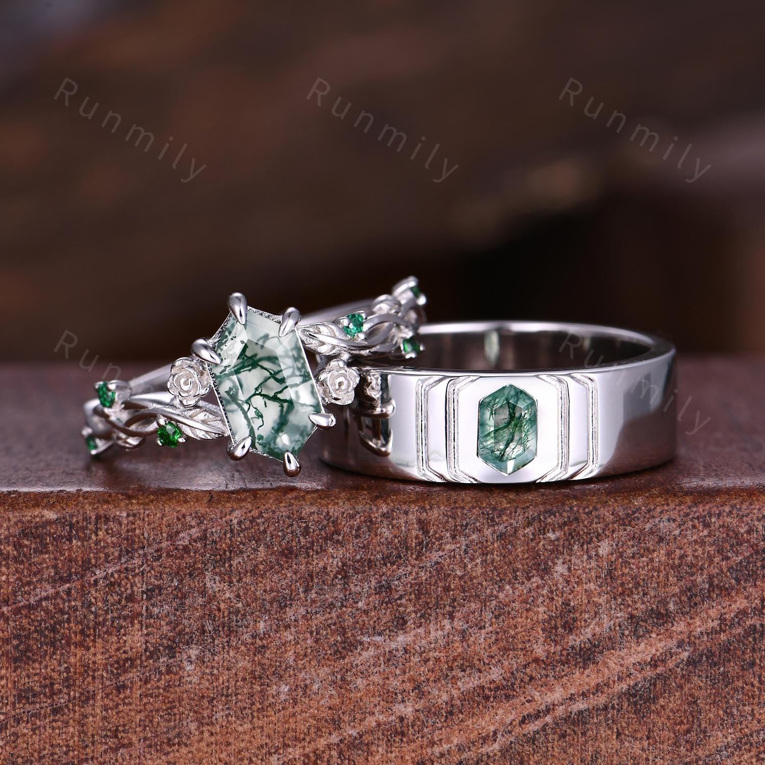 Hexagon cut Moss Agate Couples Ring Set Vintage Promise Ring For Men For Women Sterling Silver His and Hers Wedding Band Green Agate Rings
