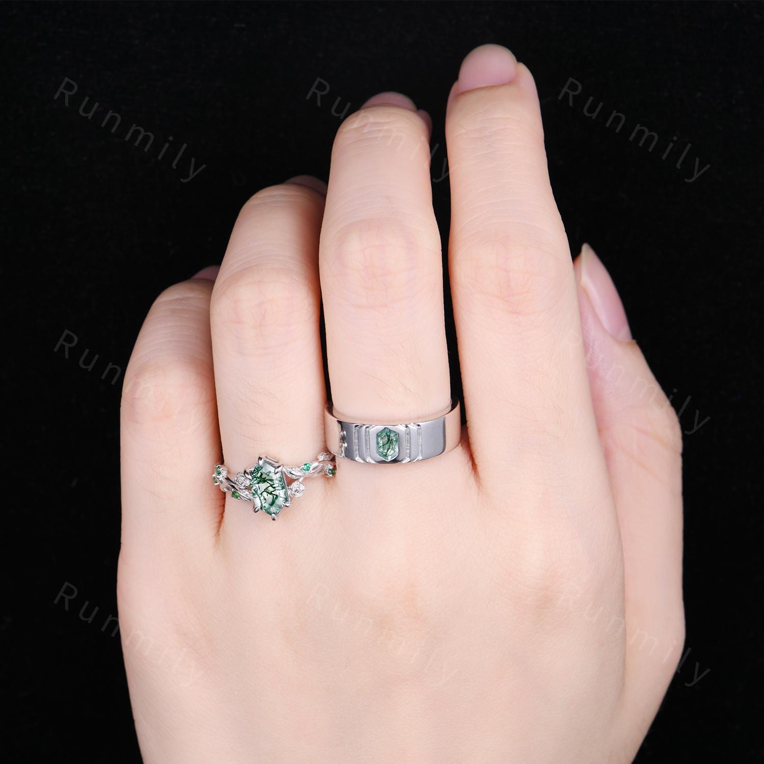 Hexagon cut Moss Agate Couples Ring Set Vintage Promise Ring For Men For Women Sterling Silver His and Hers Wedding Band Green Agate Rings