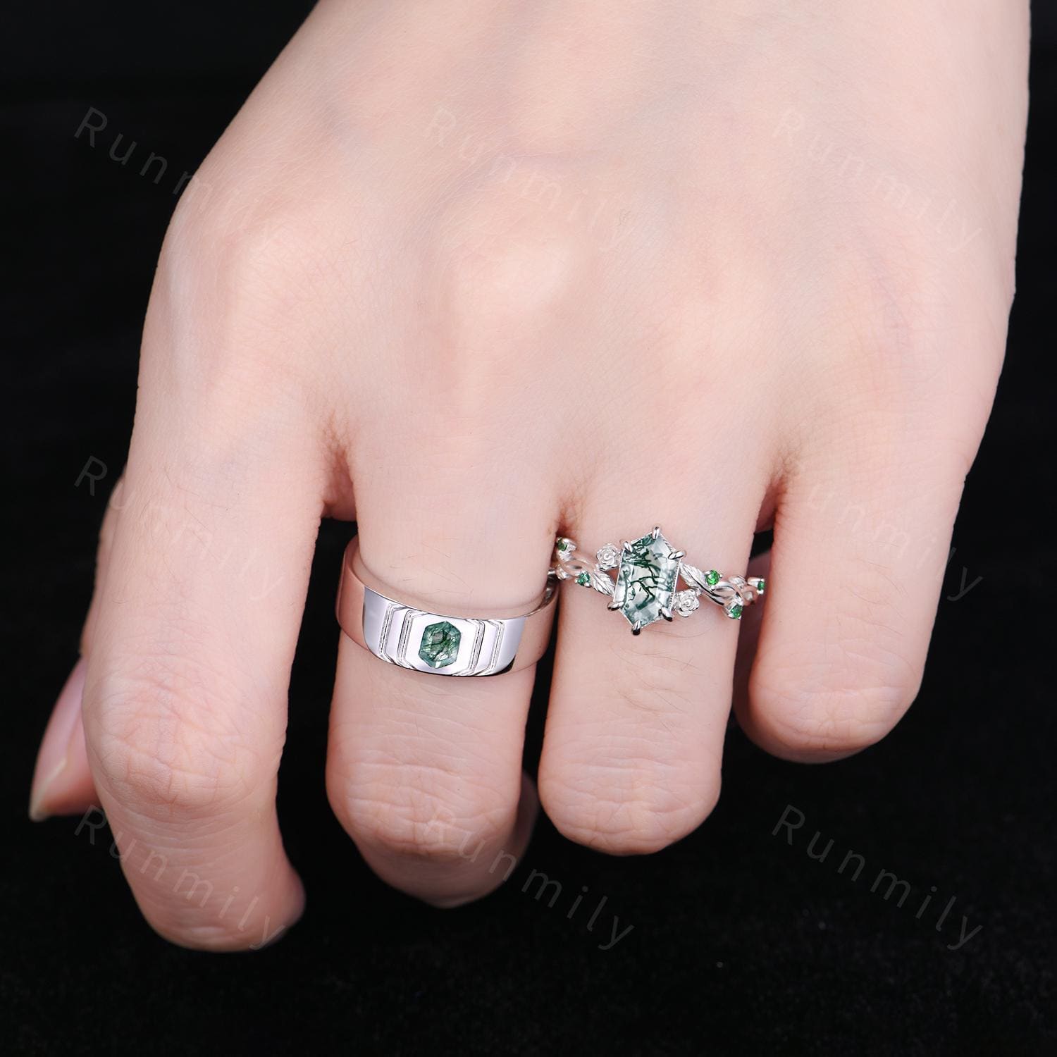 Hexagon cut Moss Agate Couples Ring Set Vintage Promise Ring For Men For Women Sterling Silver His and Hers Wedding Band Green Agate Rings