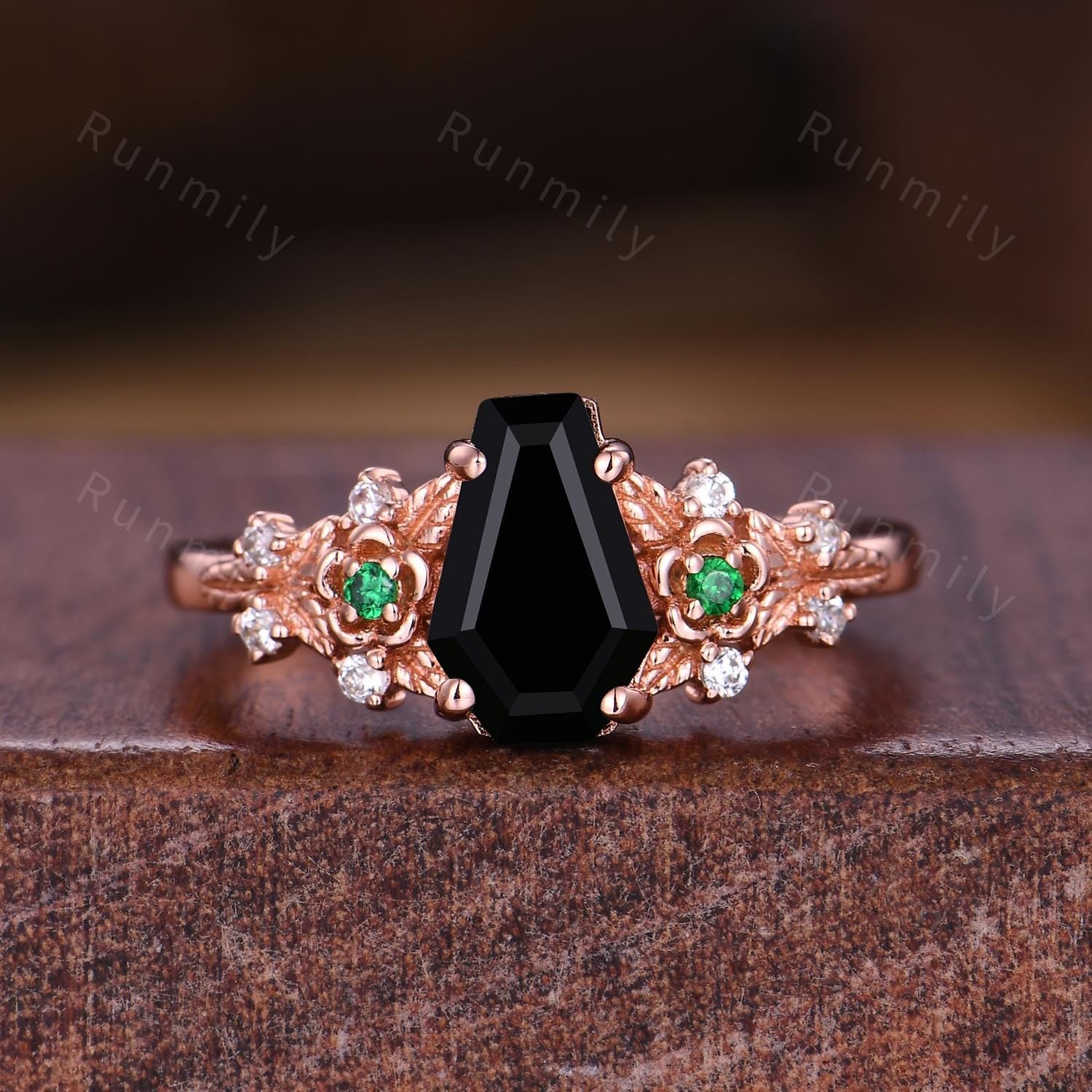 Coffin cut black onyx engagement ring unique leaf floral emerald ring Rose gold ring vintage nature inspired ring bridal promise ring