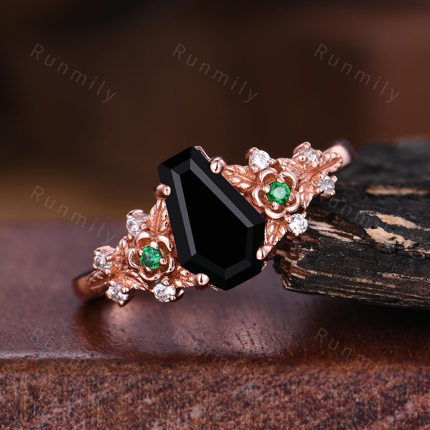 Coffin cut black onyx engagement ring unique leaf floral emerald ring Rose gold ring vintage nature inspired ring bridal promise ring