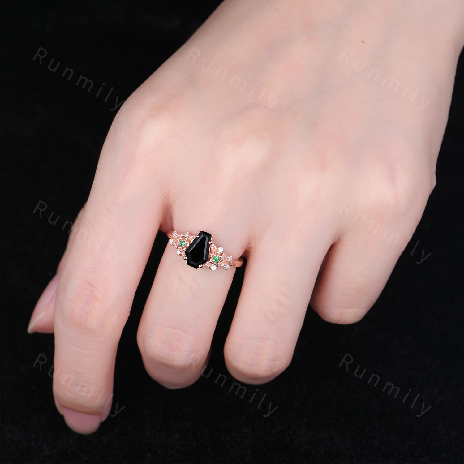 Coffin cut black onyx engagement ring unique leaf floral emerald ring Rose gold ring vintage nature inspired ring bridal promise ring