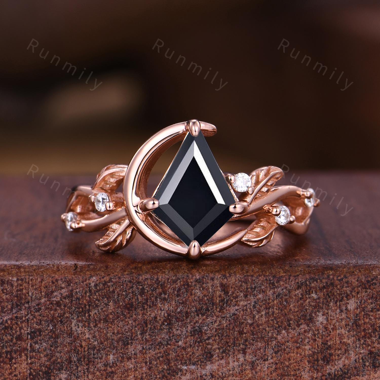 Kite cut black onyx couples ring set Unique moon style ring rose gold matching rings His and Hers wedding band Couple's anniversary gifts