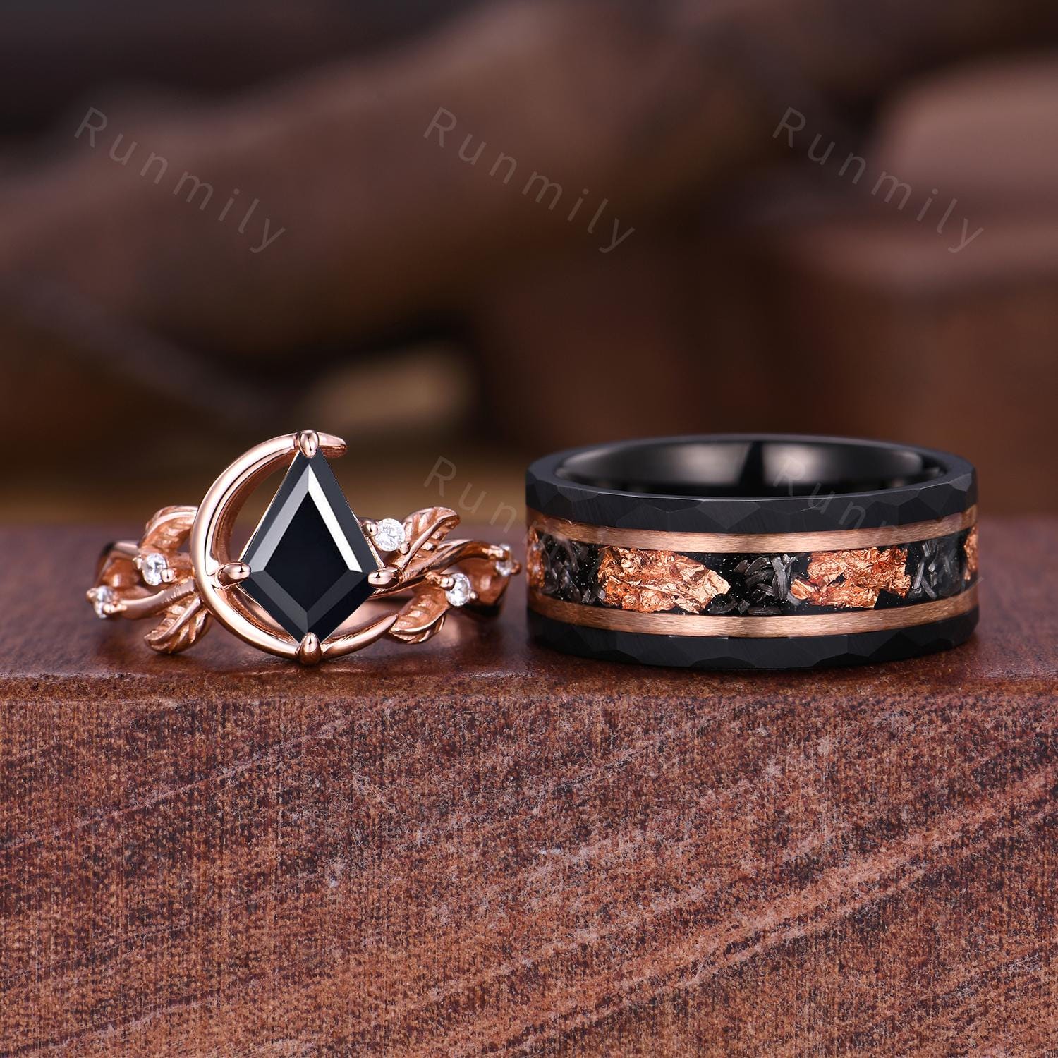 Kite cut black onyx couples ring set Unique moon style ring rose gold matching rings His and Hers wedding band Couple's anniversary gifts