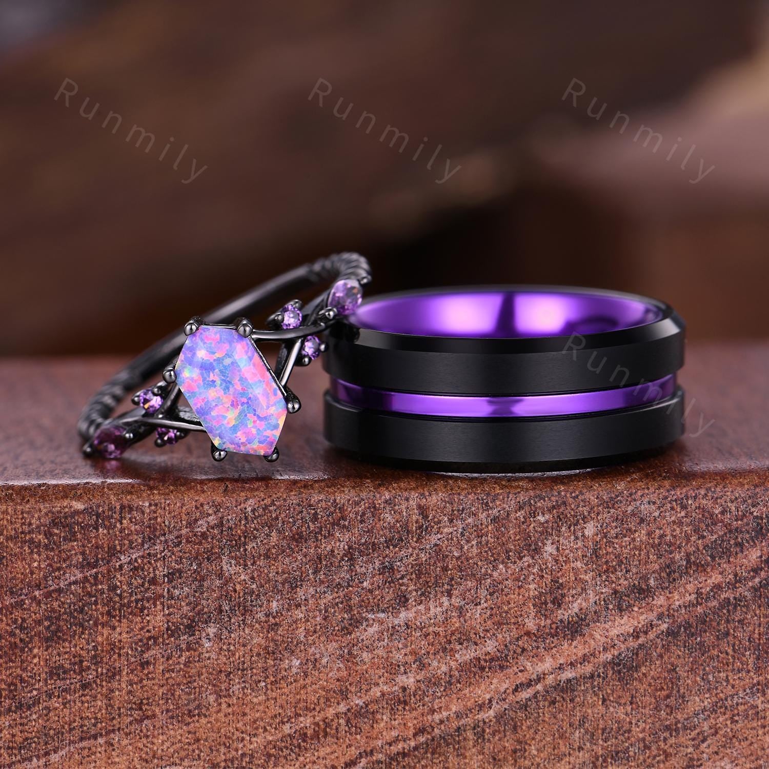 Purple Crab Nebula Couples Ring Set Vintage Lavender Opal Ring Black Gold His and Hers Wedding Band Promise Ring For Couple Purple Rings