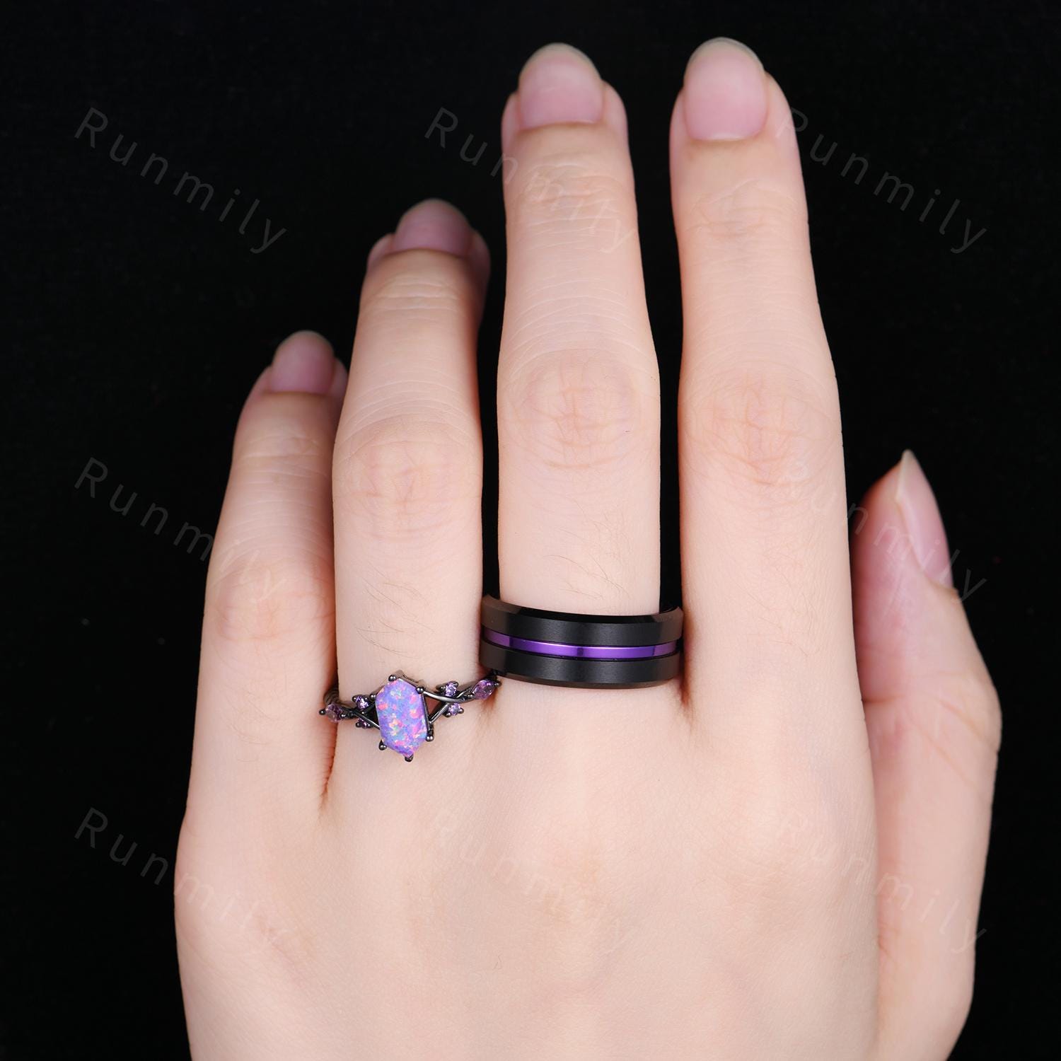 Purple Crab Nebula Couples Ring Set Vintage Lavender Opal Ring Black Gold His and Hers Wedding Band Promise Ring For Couple Purple Rings