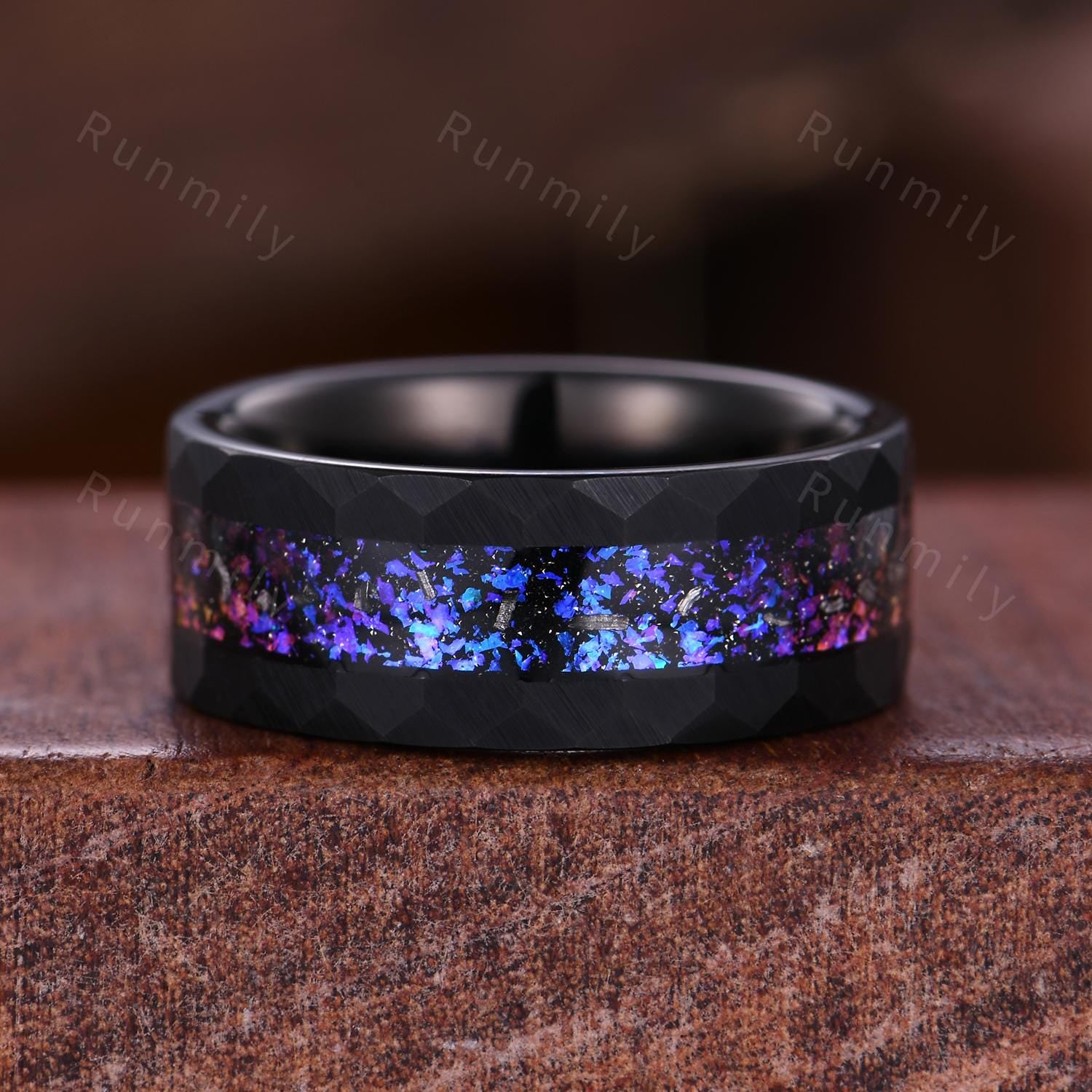 Starry Night Couples Ring Set, Orion Nebula Ring, Crescent Moon Blue Sapphire Ring, Gothic Black Gold Matching Ring His and Her Wedding Band