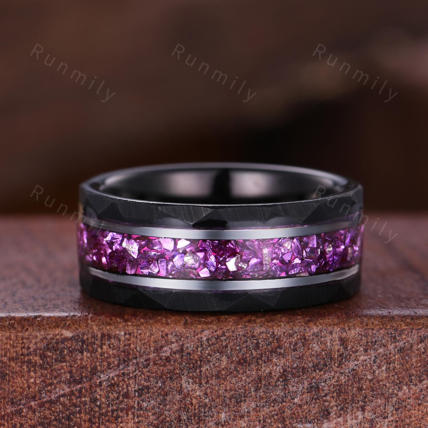 Purple Nebula Couples Ring Set Black Gold Lavender Opal Ring Vintage His and Hers Wedding Band Mens Crushed Amethyst Ring Opal Amethyst Ring