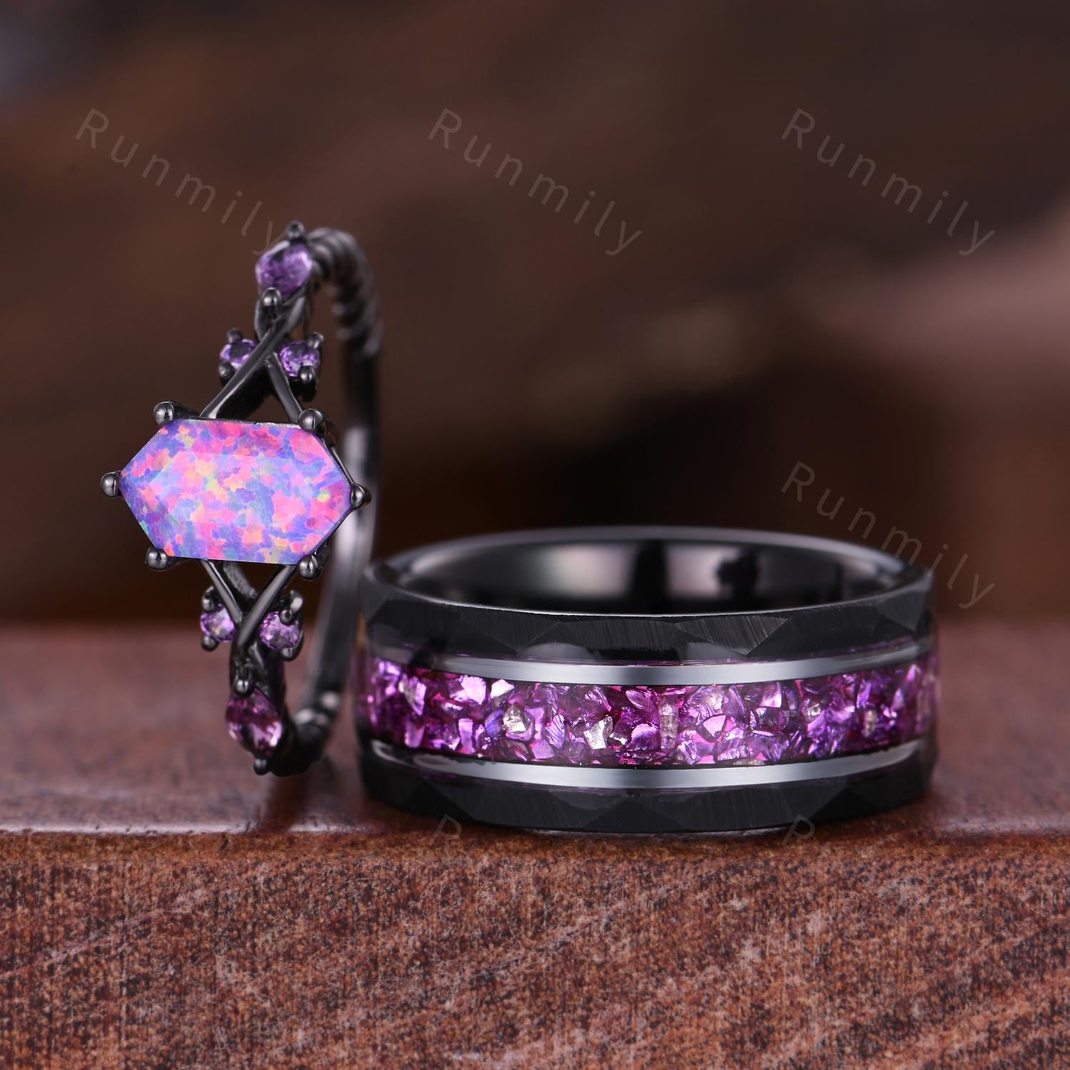 Purple Nebula Couples Ring Set Black Gold Lavender Opal Ring Vintage His and Hers Wedding Band Mens Crushed Amethyst Ring Opal Amethyst Ring