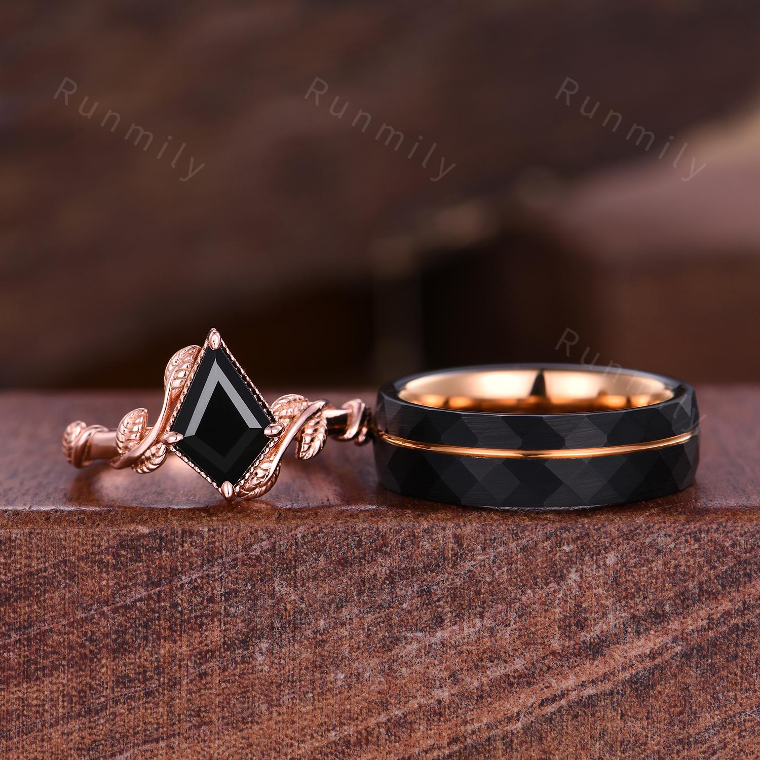 Vine Leaf Black Onyx Couples Ring Rose Gold Matching Ring Set His and Hers Wedding Band Promise Ring For Men For Women Kite Cut Ring