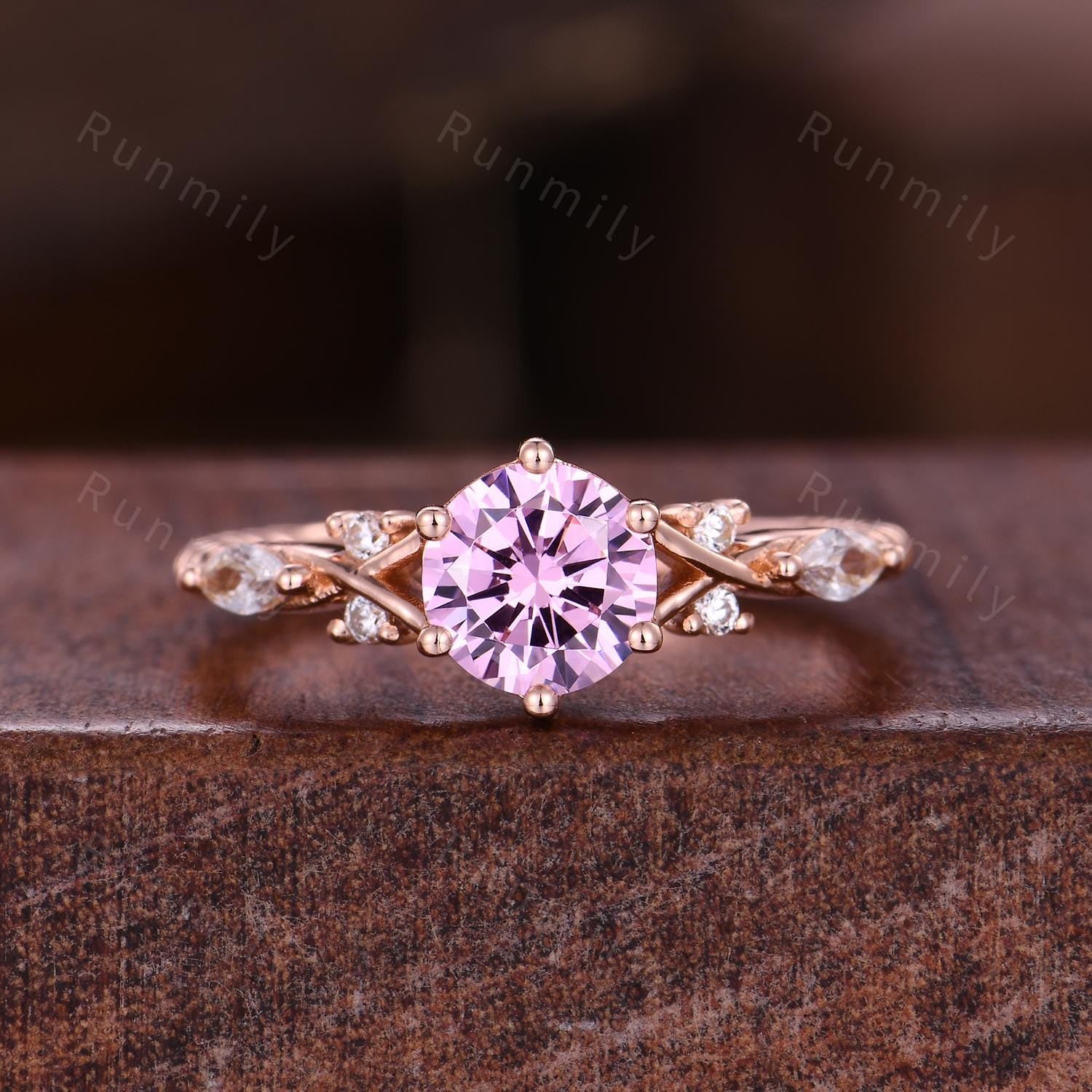 Pink Diamond Engagement ring set Round cut Ring Rose Gold Leaf Stacking Band Curved Matching Band Vintage Diamond Bridal Promise Rings