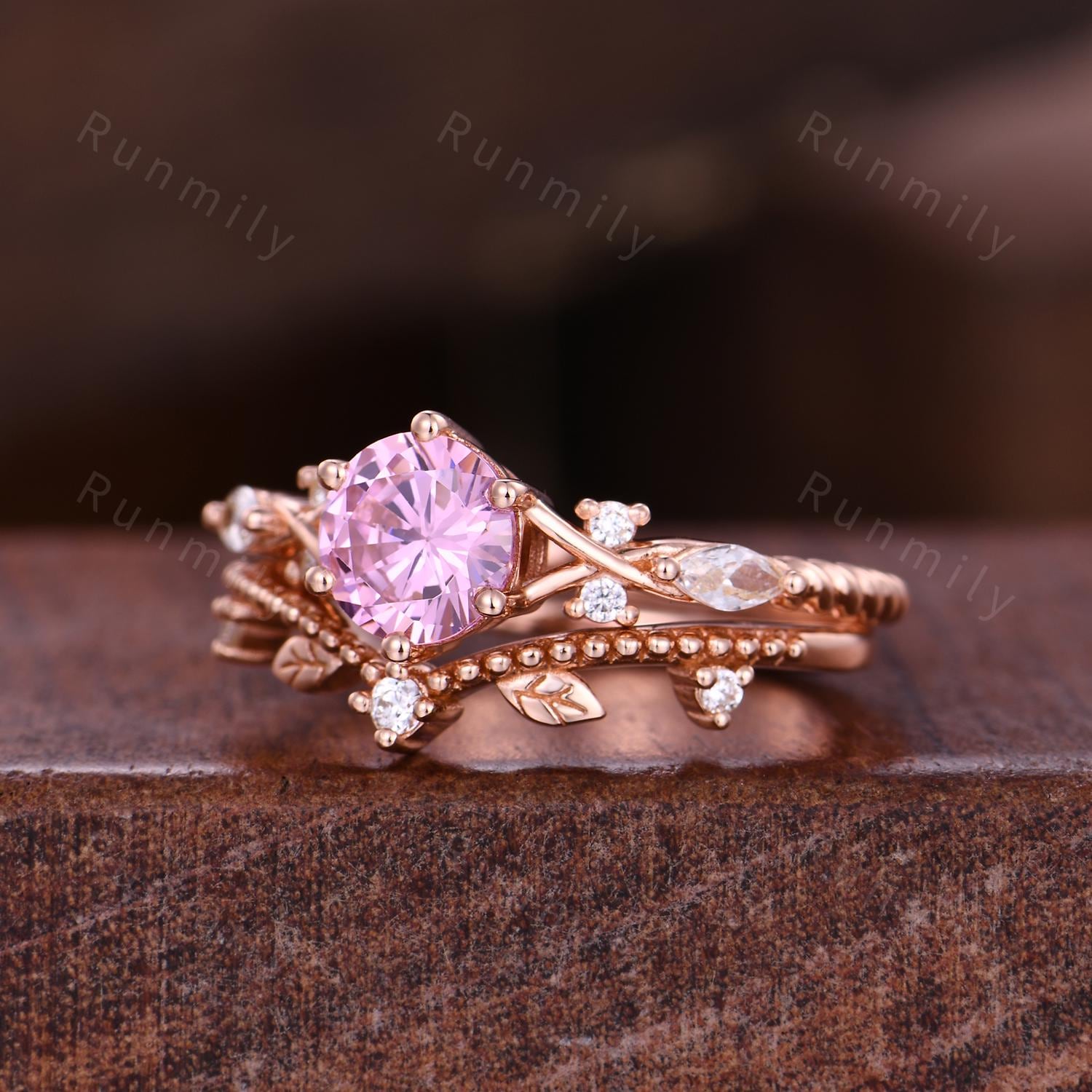 Pink Diamond Engagement ring set Round cut Ring Rose Gold Leaf Stacking Band Curved Matching Band Vintage Diamond Bridal Promise Rings