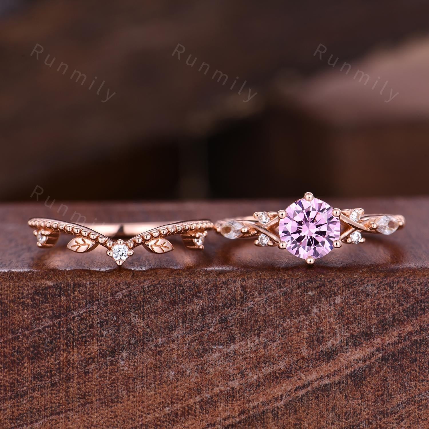 Pink Diamond Engagement ring set Round cut Ring Rose Gold Leaf Stacking Band Curved Matching Band Vintage Diamond Bridal Promise Rings