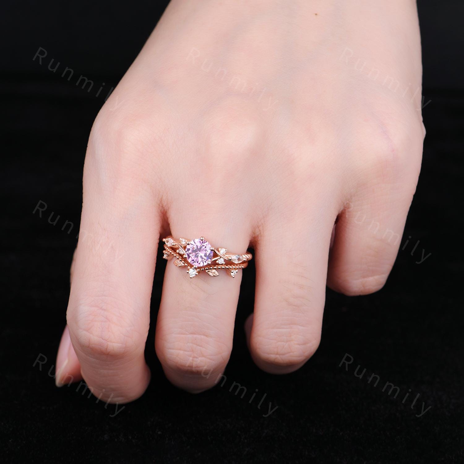 Pink Diamond Engagement ring set Round cut Ring Rose Gold Leaf Stacking Band Curved Matching Band Vintage Diamond Bridal Promise Rings