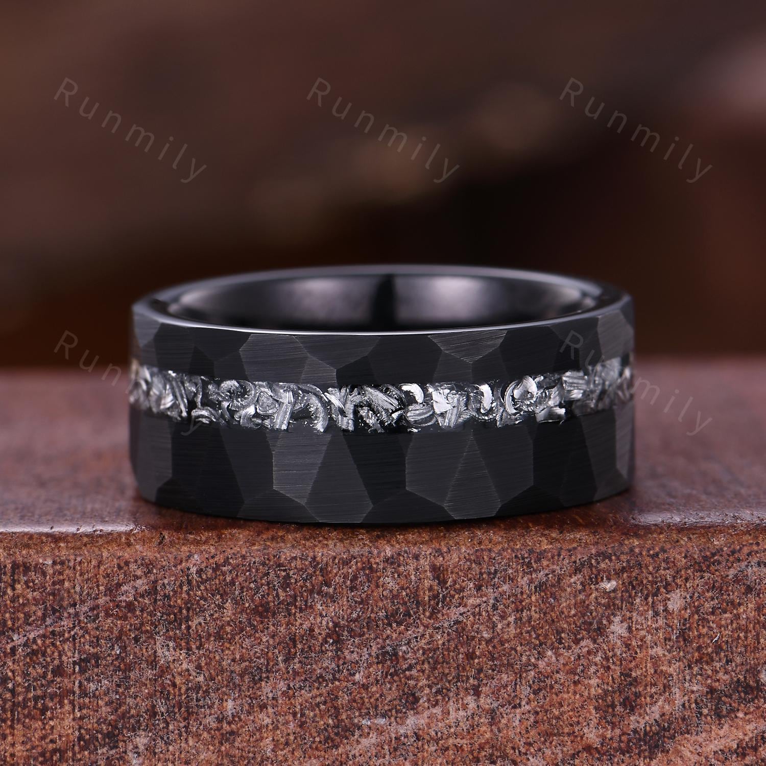 Emerald cut Black rutilated quartz couples ring silver & black tungsten ring His and Hers wedding band Unique matching couple's ring set